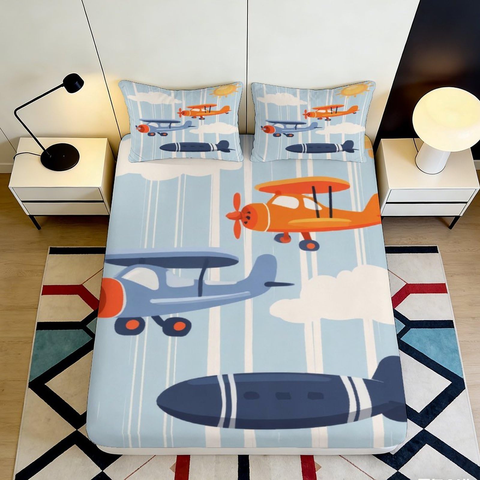 3D Printed Cartoon Airplane Fitted Sheet Microfiber Soft Blue Orange Aircraft Bed Cover for Bedroom Dorm Easy Care Decor 90x200x25cm