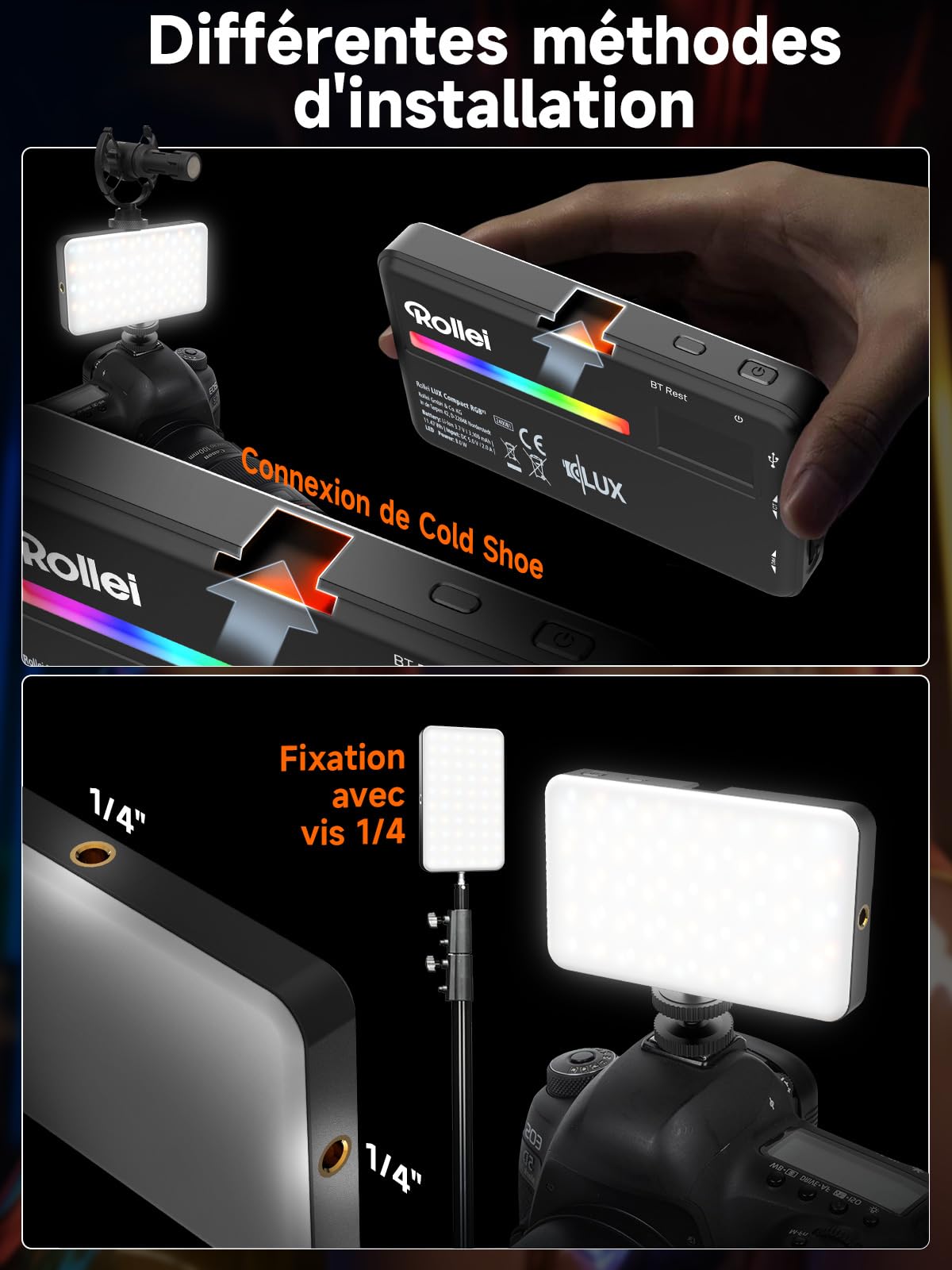 Lumière Photo, Rollei Lumis Compact RGB Panneau Eclairage Video LED Portable 125g 98 CRI/TLCI avec 13 Effets et Batterie Rechargeable d'Appareil Photo, Lumiere-Photo-Lampe-LED-Video