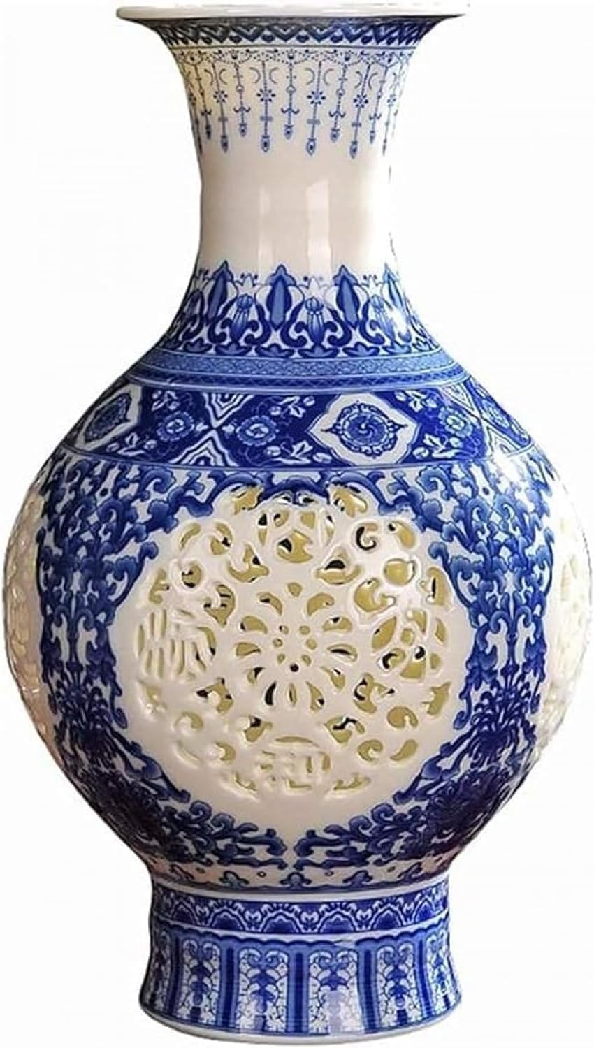 Vase Tabletop Ceramic Blue and White Porcelain Classic and Antique Carved Lattice Flower Matte Temple Jar Ginger Floral