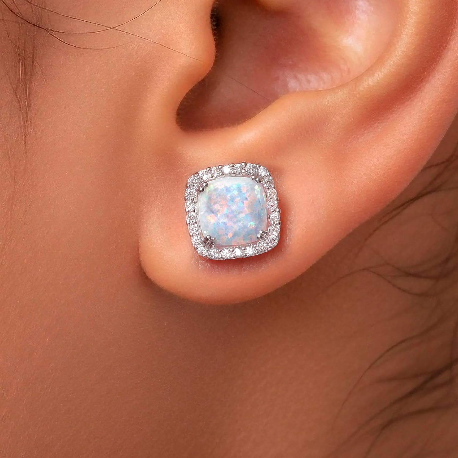 925 Sterling Silver Square Opal Halo Stud Earrings, Iridescent Studs for Women, Jewelry For Gift - Image 4