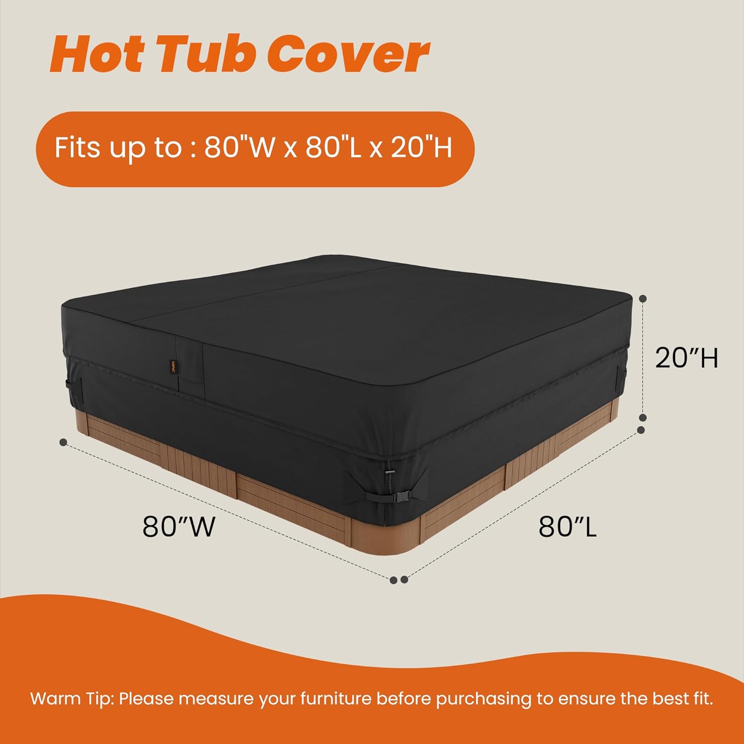 MINC Outdoor Hot Tub Cover 80 x 80 Inch for 76 x 76 or 77 x 77 or 78 x 78 Square SPA Waterproof and Weatherproof Protectors Heavy Duty 600D Protective Cover Cap