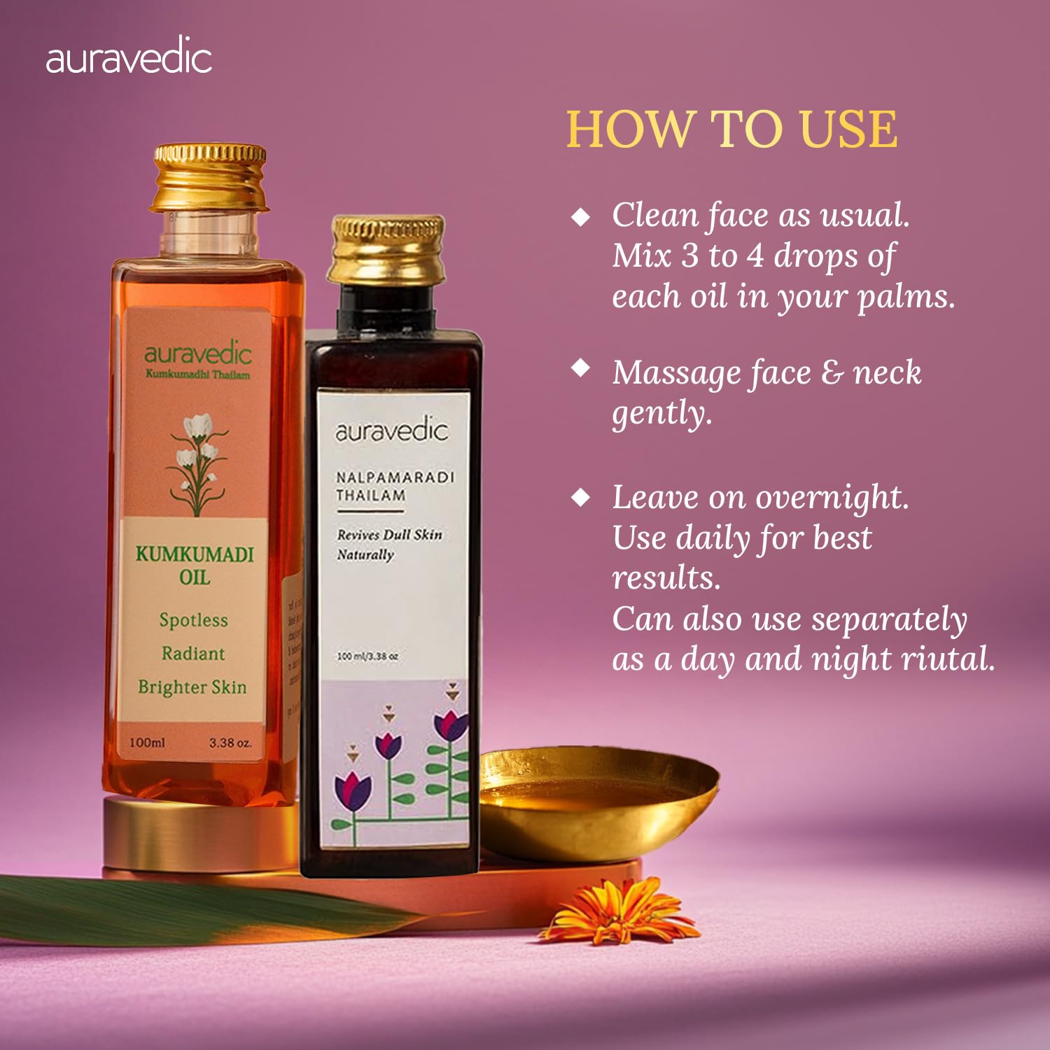 Auravedic Kumkumadi & Nalpamaradi Thailam Combo | Face & Body Oil with Ayurvedic Botanicals | Helps Improve Skin Texture & Tone | Daily Use Massage Oil | 3.38 Fl Oz (Pack of 2) - Image 7