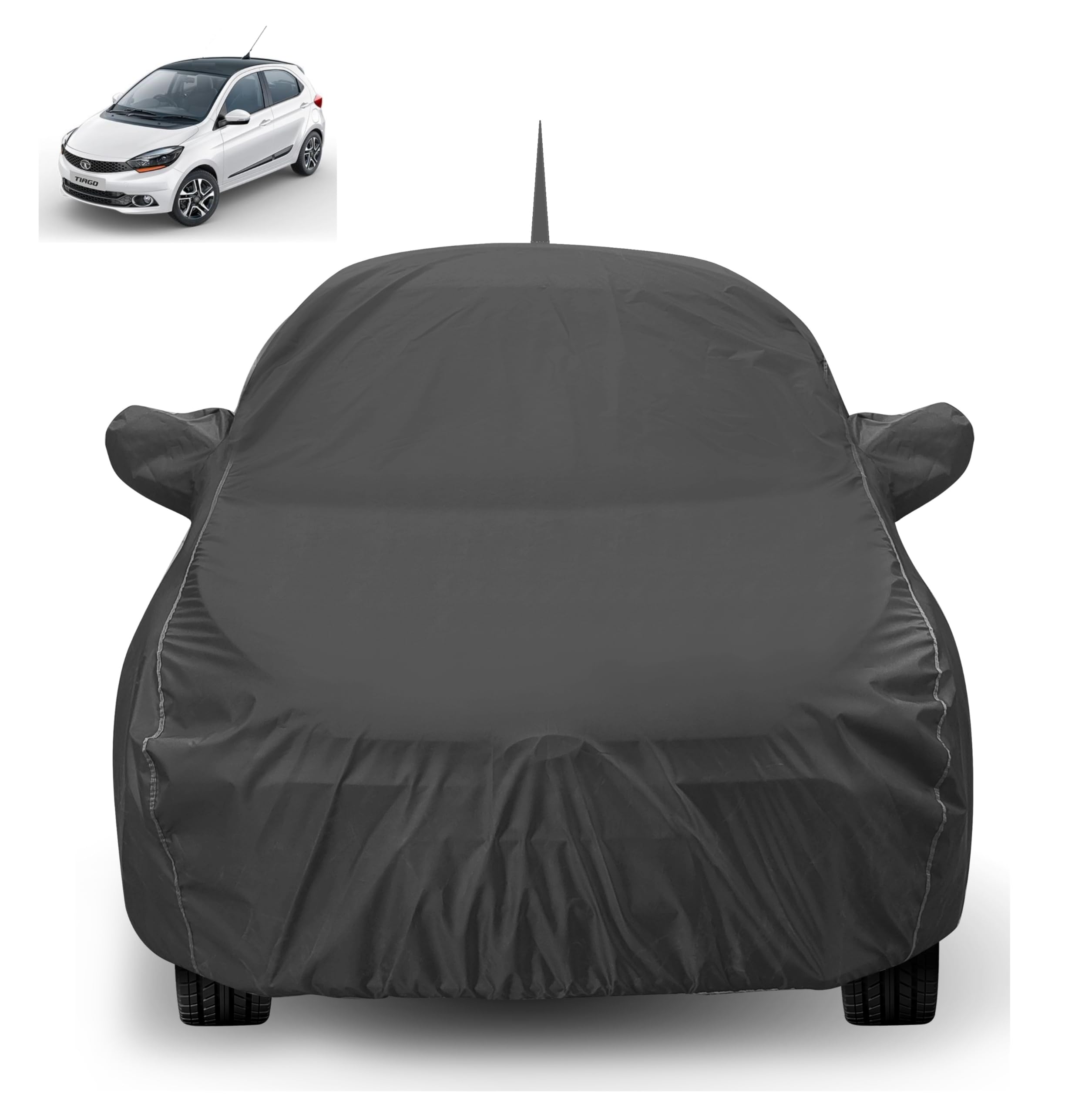 Auto Hub Car Cover Compatible with Tata Tiago with Back Antenna & Mirror Pocket, Dustproof, Heat Resistant, Triple Stitched, Tiago Car Cover- Grey