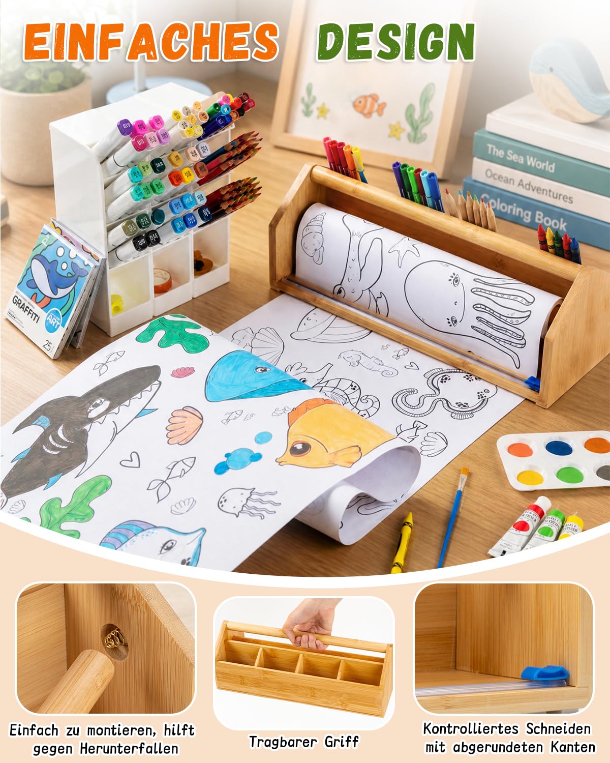 Kinder Staffelei mit Papierrolle – 36-teiliges Malset, Hölzerne Staffelei mit rutschfester Malunterlage, inklusive Malpapier, Pinsel & Farben, geeignet für Kinder ab 3 Jahren