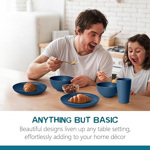 Vista 5 de Teivio Juego de vajilla de paja de trigo de plástico de 32 piezas, servicio para 8, platos llanos, platos de postre, cuencos para cereales, vasos