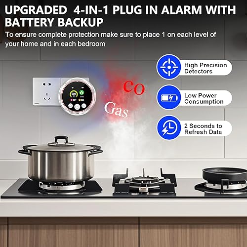 Miniatura 3 de Detectores de monóxido de carbono 4 en 1 enchufables, monitor en tiempo real, detector de fugas de CO y gas con temperatura, pantalla de humedad,