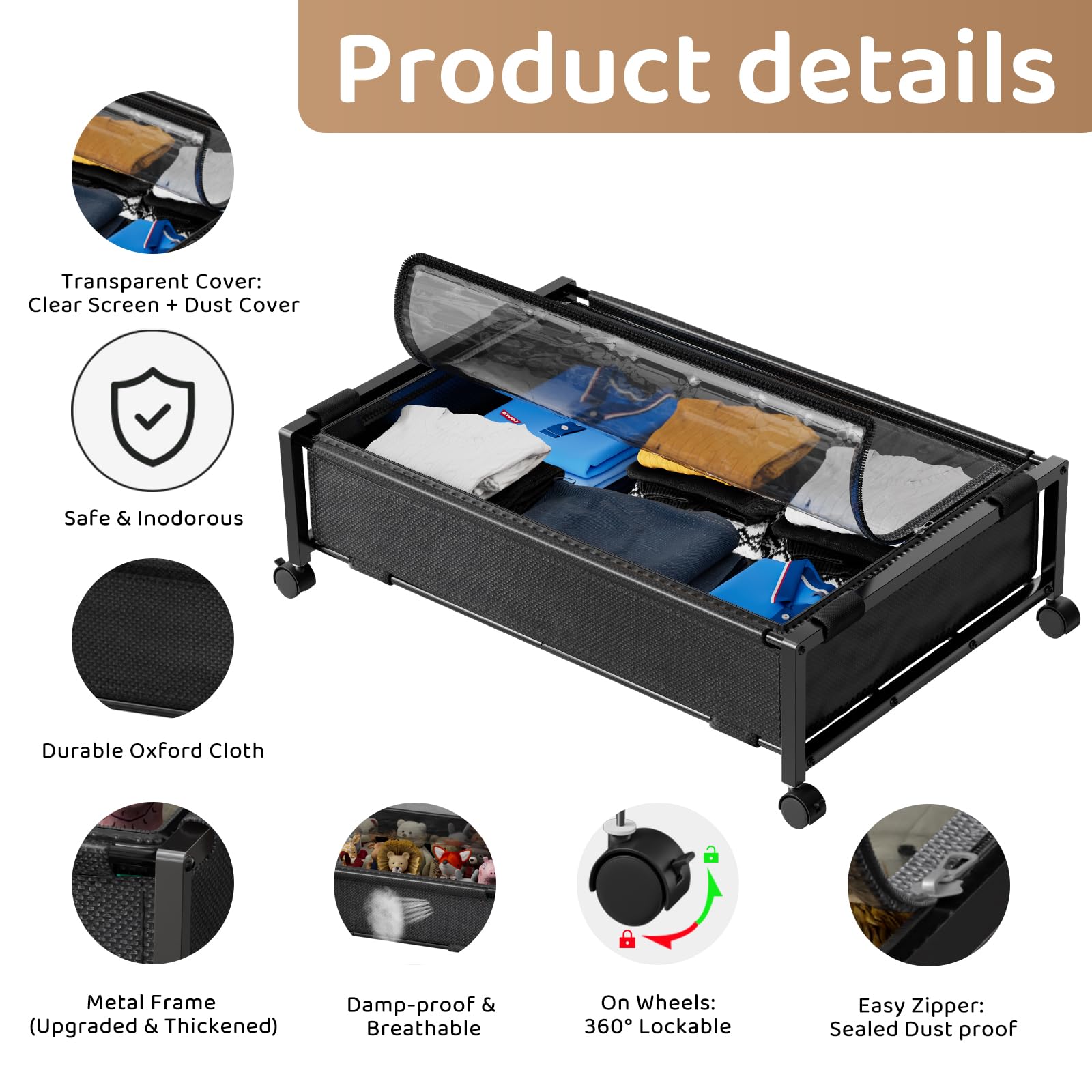 Cajas de almacenamiento grandes para debajo de la cama con ruedas con tapa divisores ajustables, cajones de almacenamiento de metal rodantes debajo de la cama, organizador debajo de la cama de