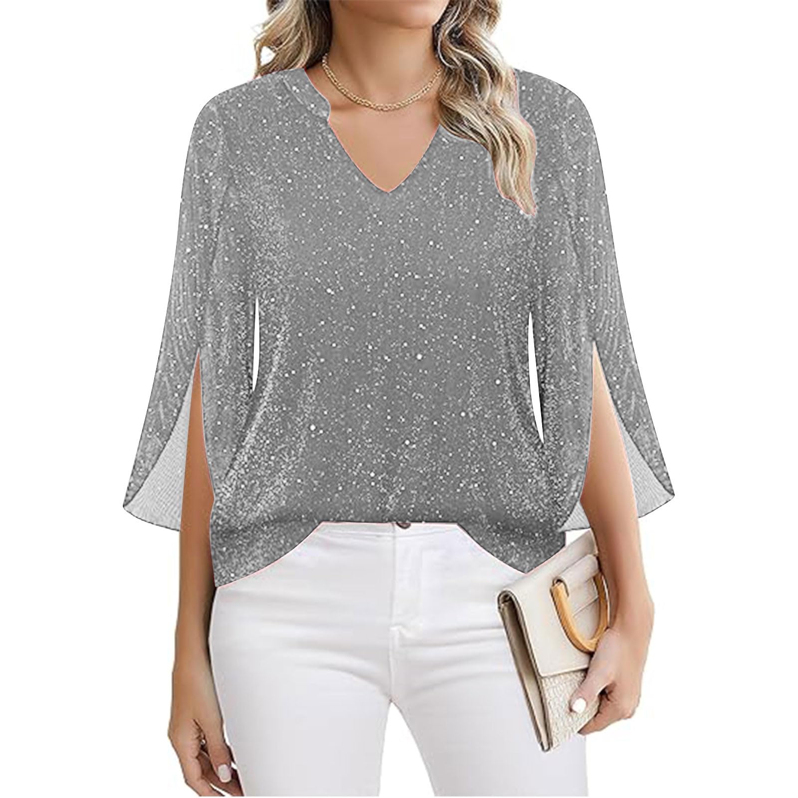 Ybing Camicette e tuniche da donna eleganti con glitter a 3/4, maniche a 3/4, con paillettes scollo a V, camicetta Y2K, tunica festiva, leggera, per feste, maglietta sottile con glitter
