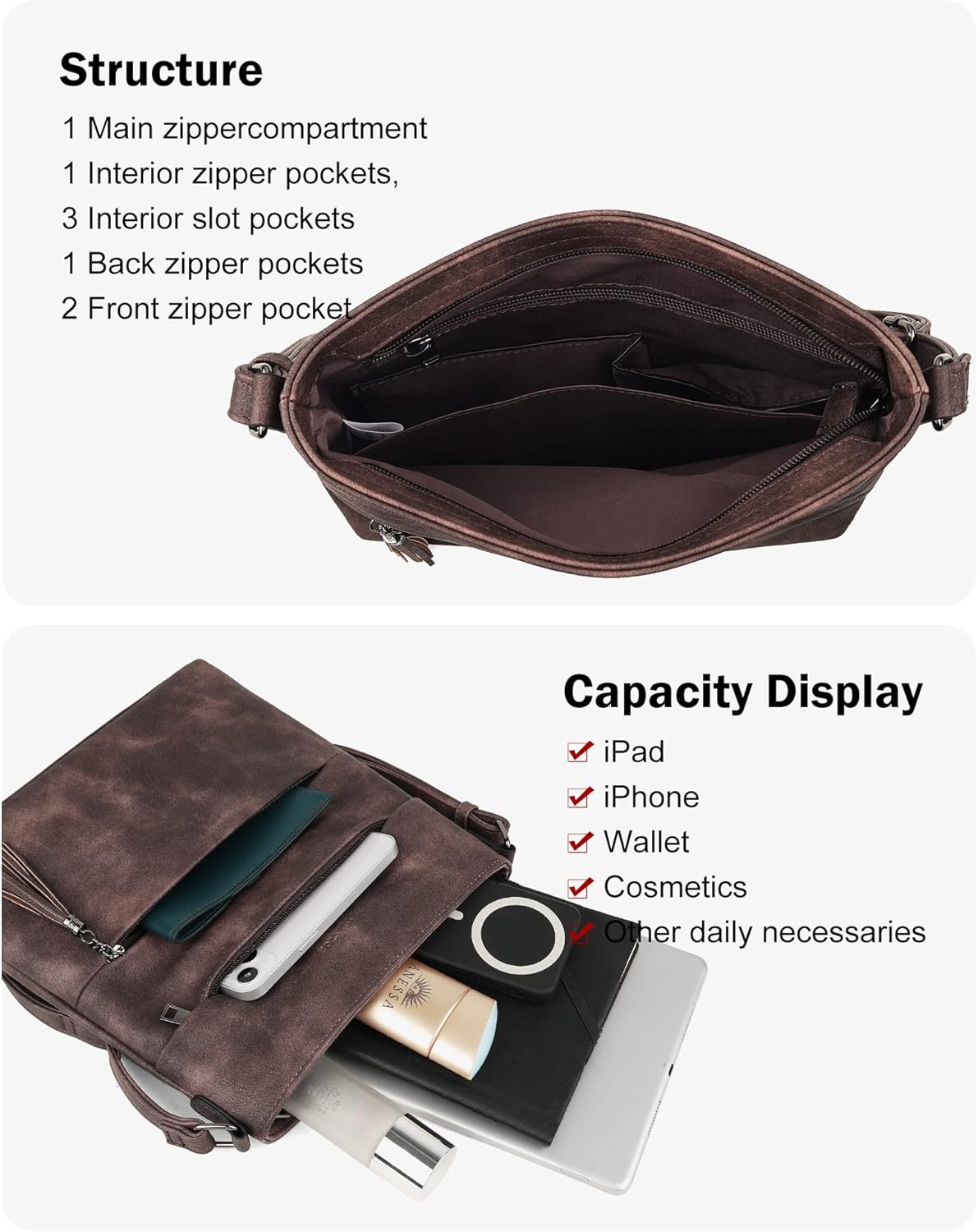 MASINTOR Crossbody Purses for Women, Multi Pocket Casual Crossbody Bag, Adjustable Strap Shoulder Bag with Tassel - Image 3