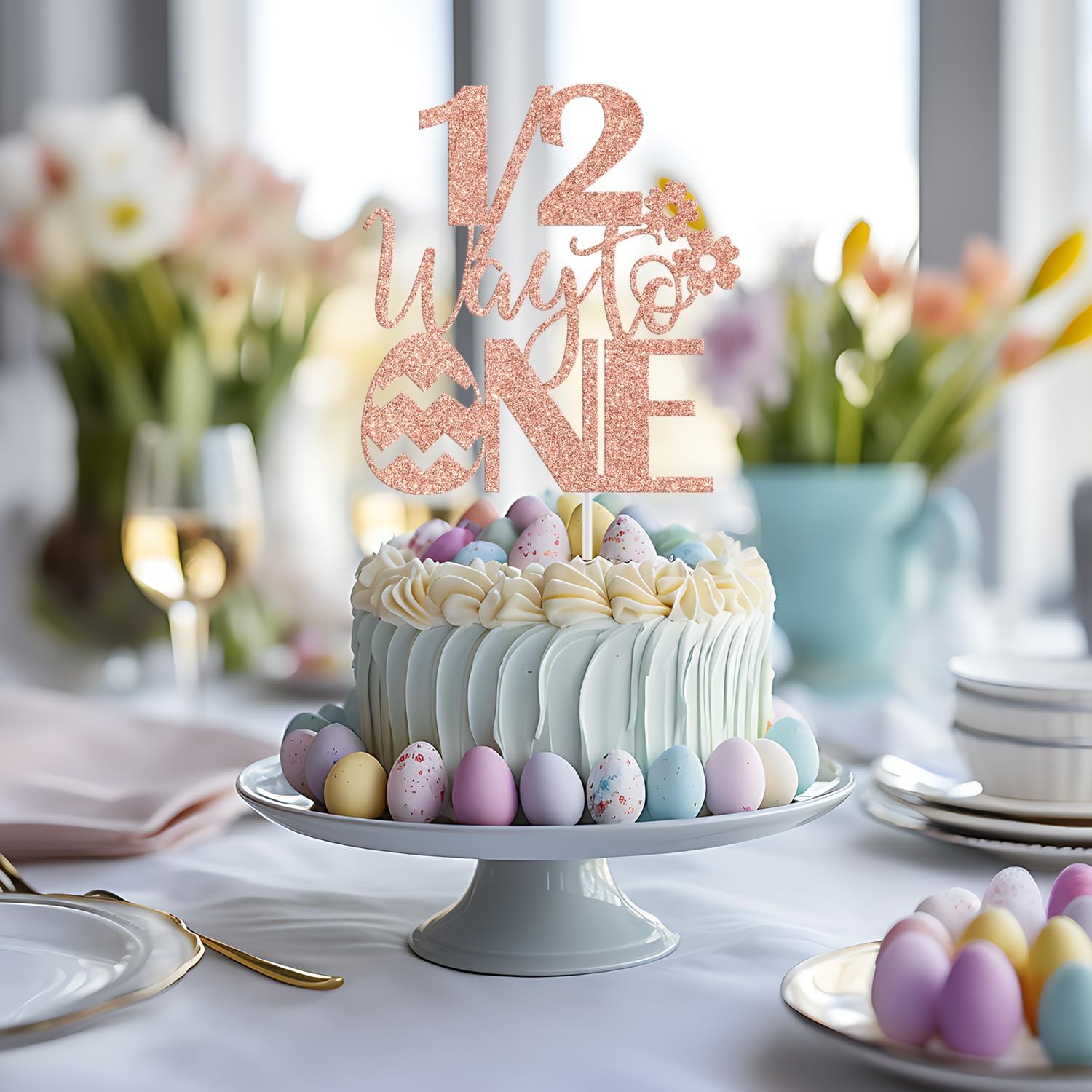 Egg Half Way to One Cake Topper, Easter Half Birthday Decor, Happy 1/2 Birthday, Spring Easter Theme Baby Shower Party Decorations, Rose Gold Glitter