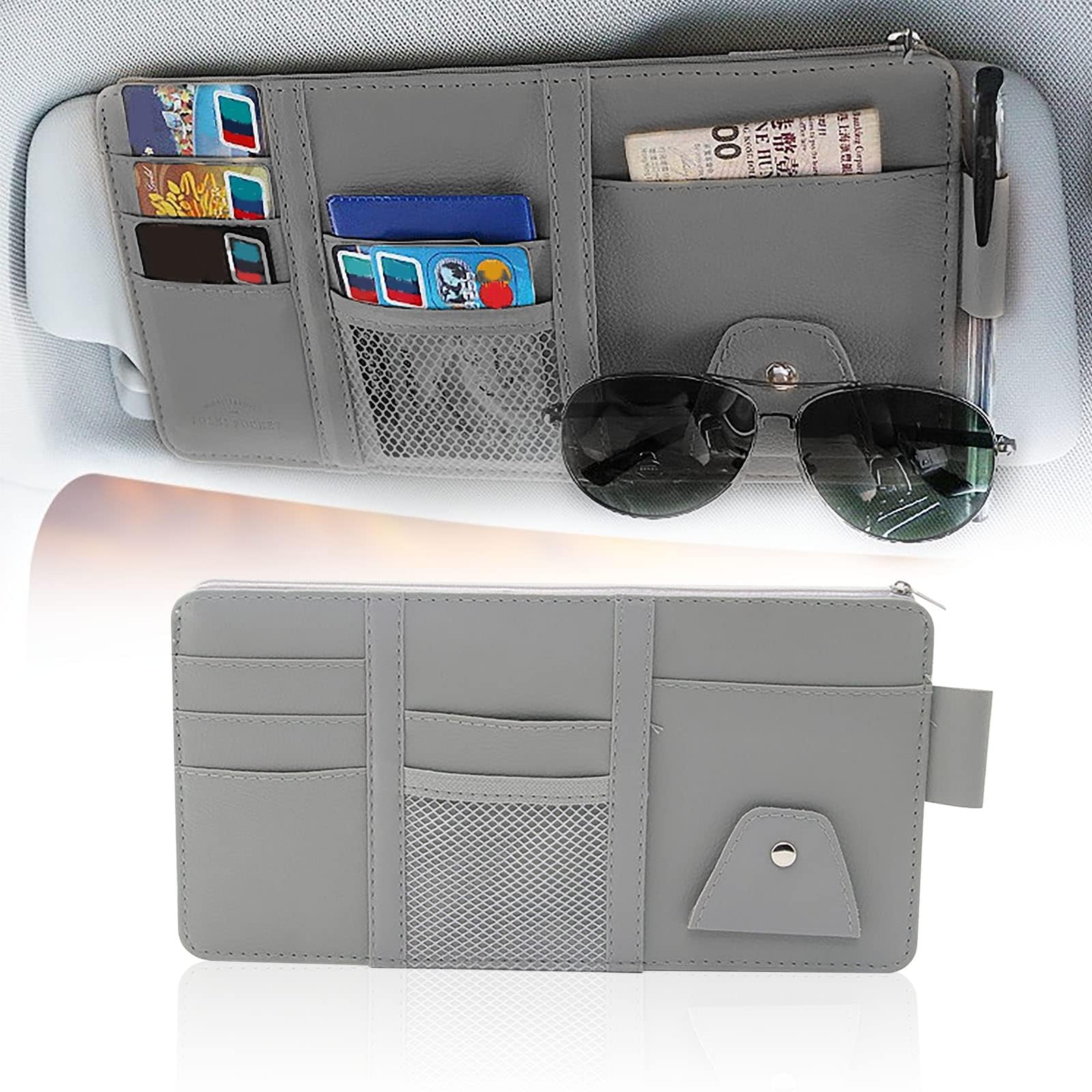 UCRAVO Gray Car Sun Visor Organizer, PU Leather Auto Car Interior Accessories Pocket Organizer Storage Pouch Holder with Multi-Pocket Net Zipper Case Bag for Card, Pen, Key, Sunglasses, Cash (Gray)-image-25
