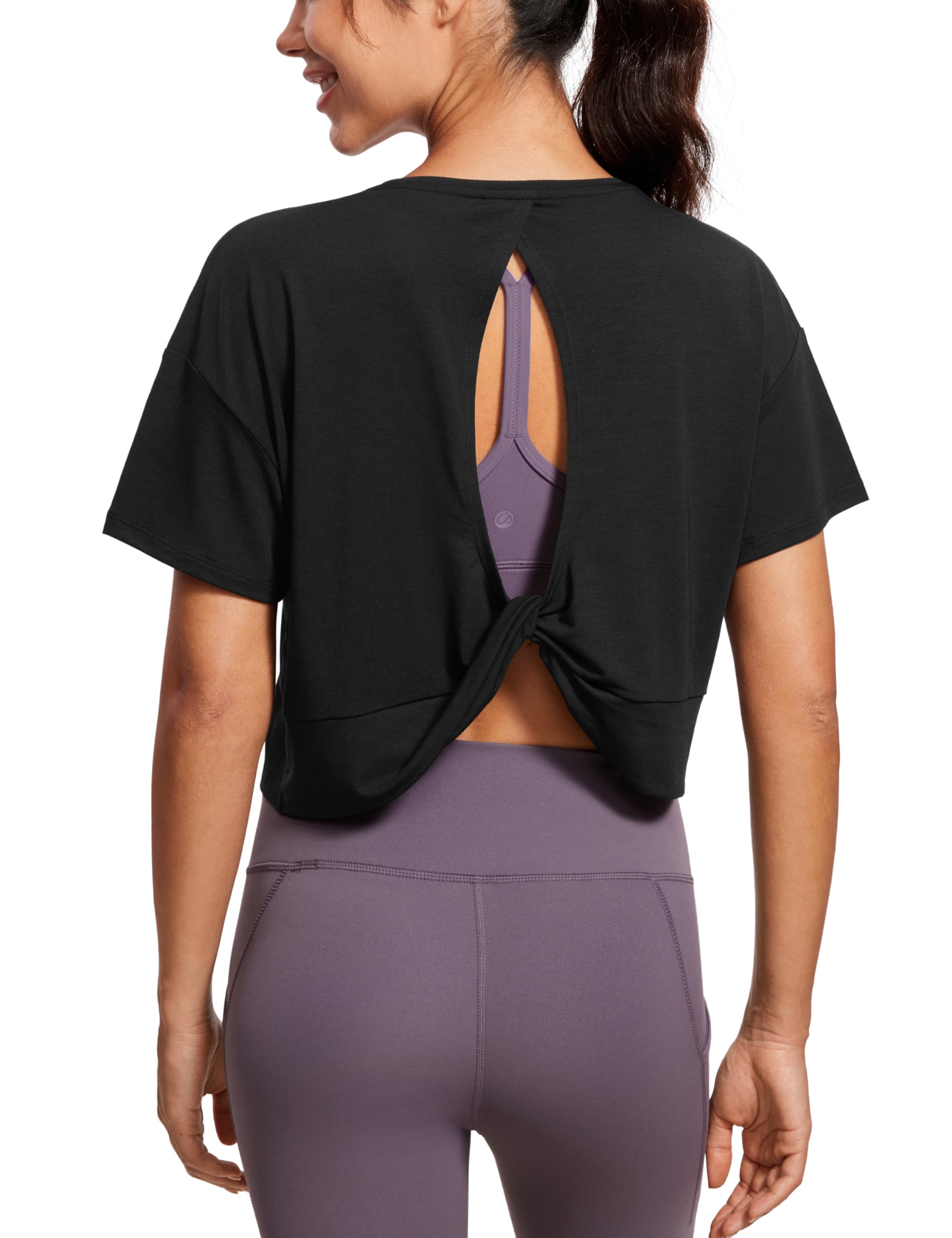 CRZ YOGA Open Back Short Sleeve Crop Top for Women Loose Athletic Yoga Workout Shirts Casual Cropped T-Shirts