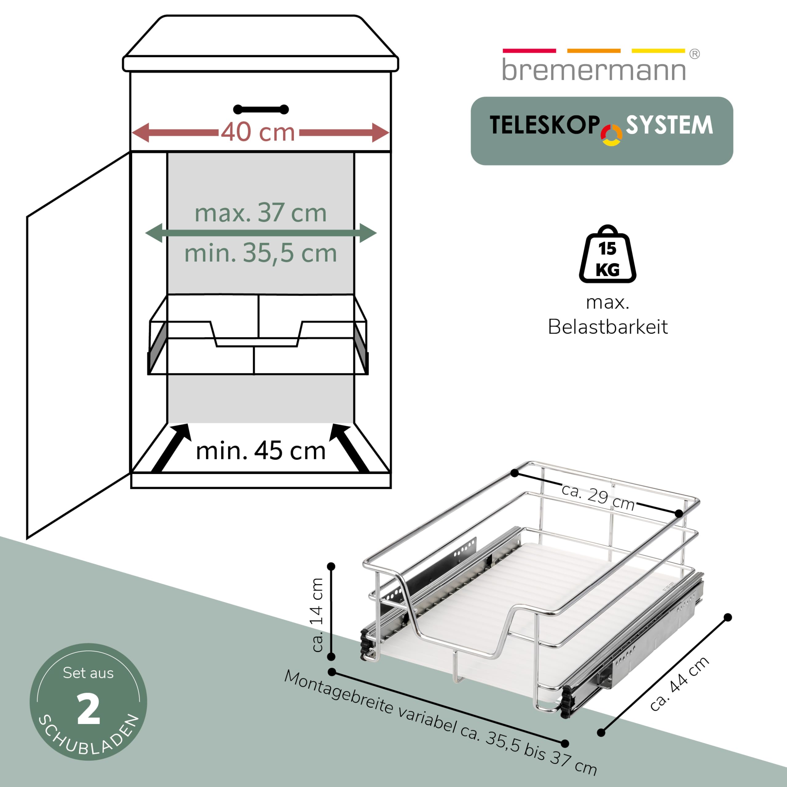 bremermann Lot de 2 tiroirs télescopiques de 40 cm avec étagère, tiroir de cuisine, à extension complète, avec rails télescopiques, idéaux pour la cuisine, la salle de bain et la chambre à coucher, en