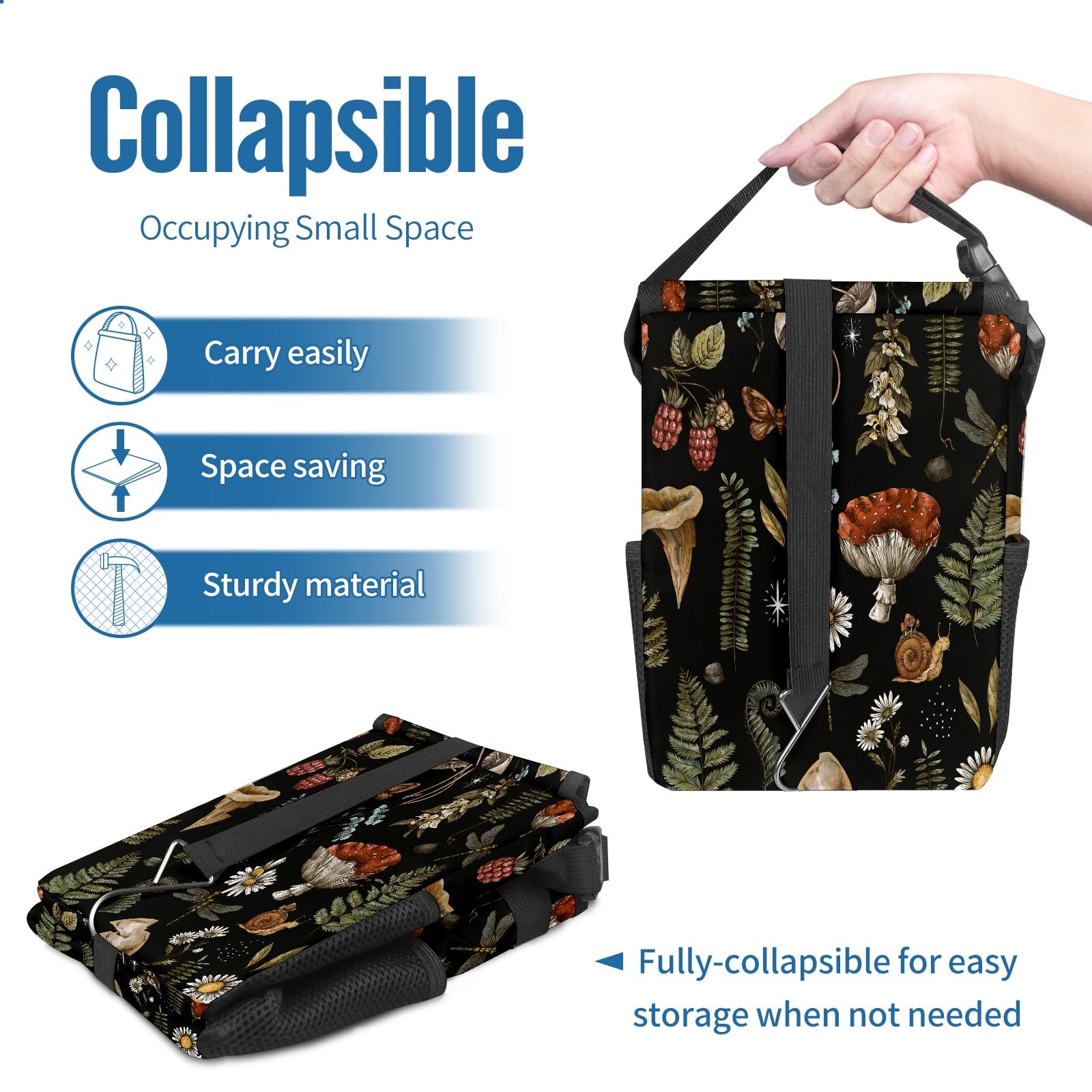 Poubelle de voiture avec couvercle, motif champignons botaniques vintage, pliable, réutilisable, étanche, sac de garage à suspendre, accessoires de voiture à suspendre, organisateur