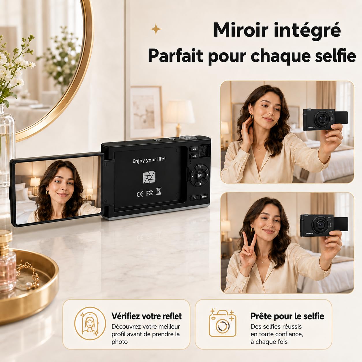 Cámara Digital 5K Selfies Pantalla 180° con Espejo para Principiante Negro