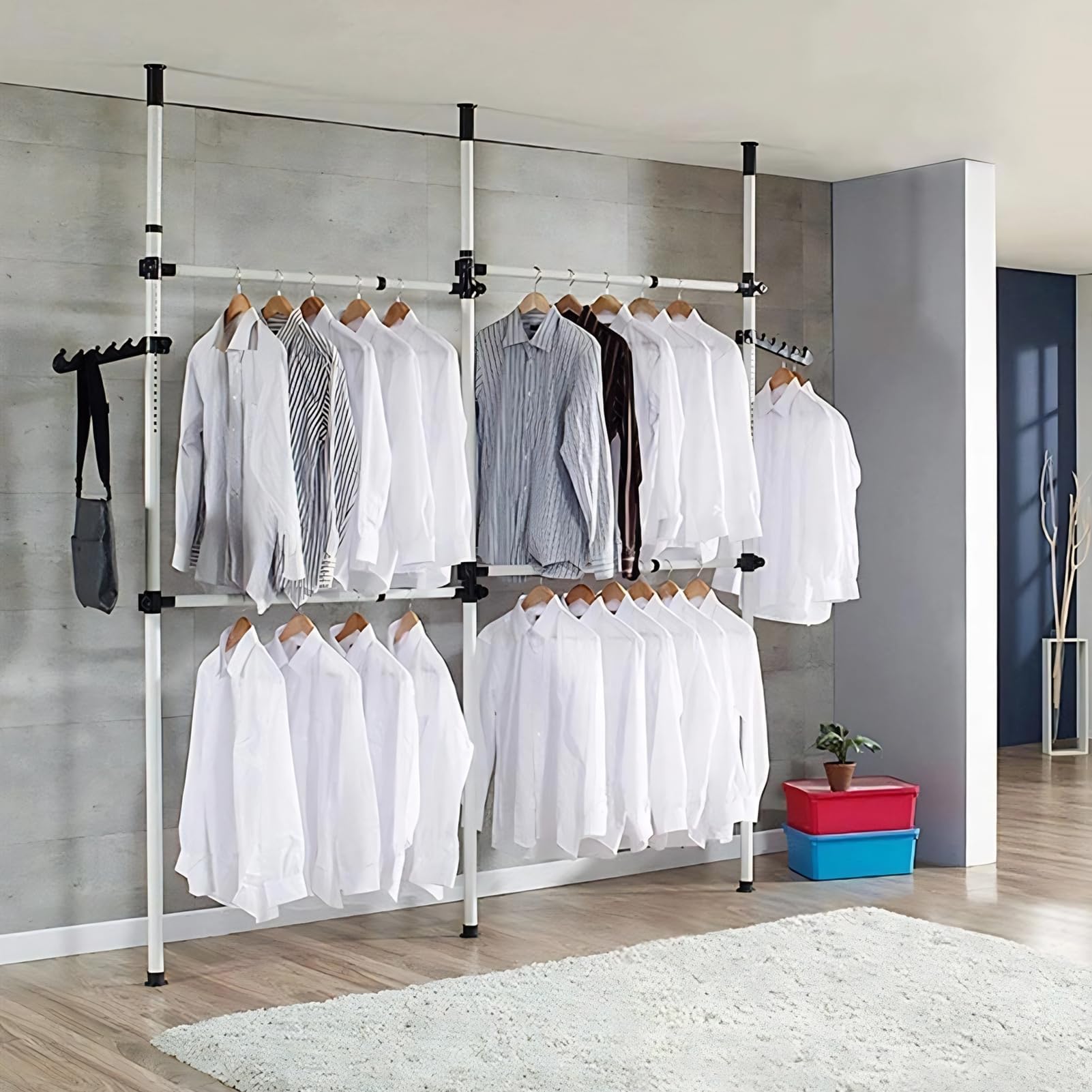 Perchero Independiente, Perchero de Ropa Telescópico, Carril de Ropa de Hierro Resistente, Extensible con 2 Ganchos, Bastidor de Ropa Altura Ajustable, Altura Ajustable 281-329 cm, Nuevo