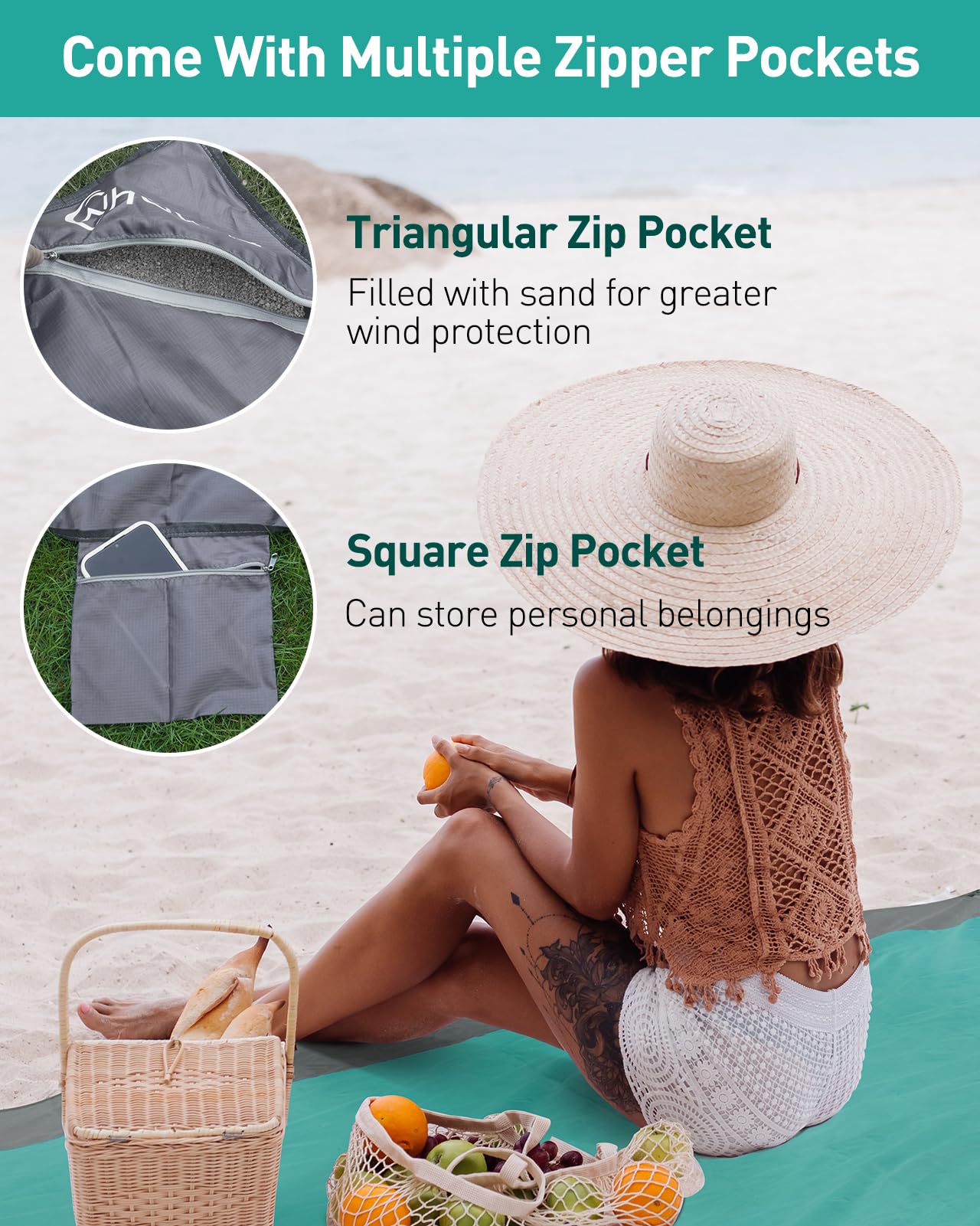 Stranddecke Sandfrei Wasserdicht, Super Groß 210cm x 200cm Strandmatte with 3 Reißverschlusstasche, Ultraleicht und Tragbar Picknickdecke 0.36kg für den Strand, Campen, Picknick, Ausflüge