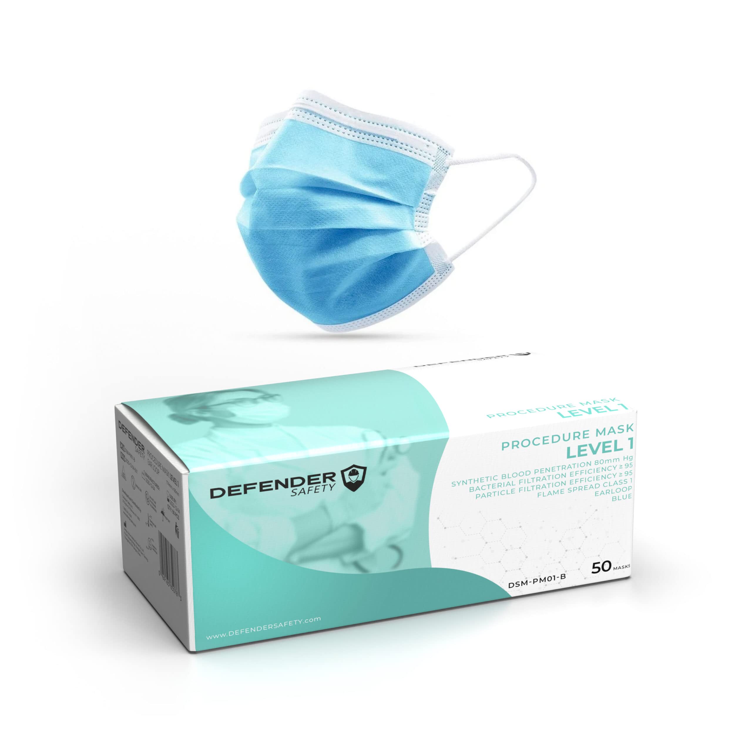 Defender Safety- ASTM Level 1 95% PFE, Medical Grade, Procedure Face Mask (50 Pack)