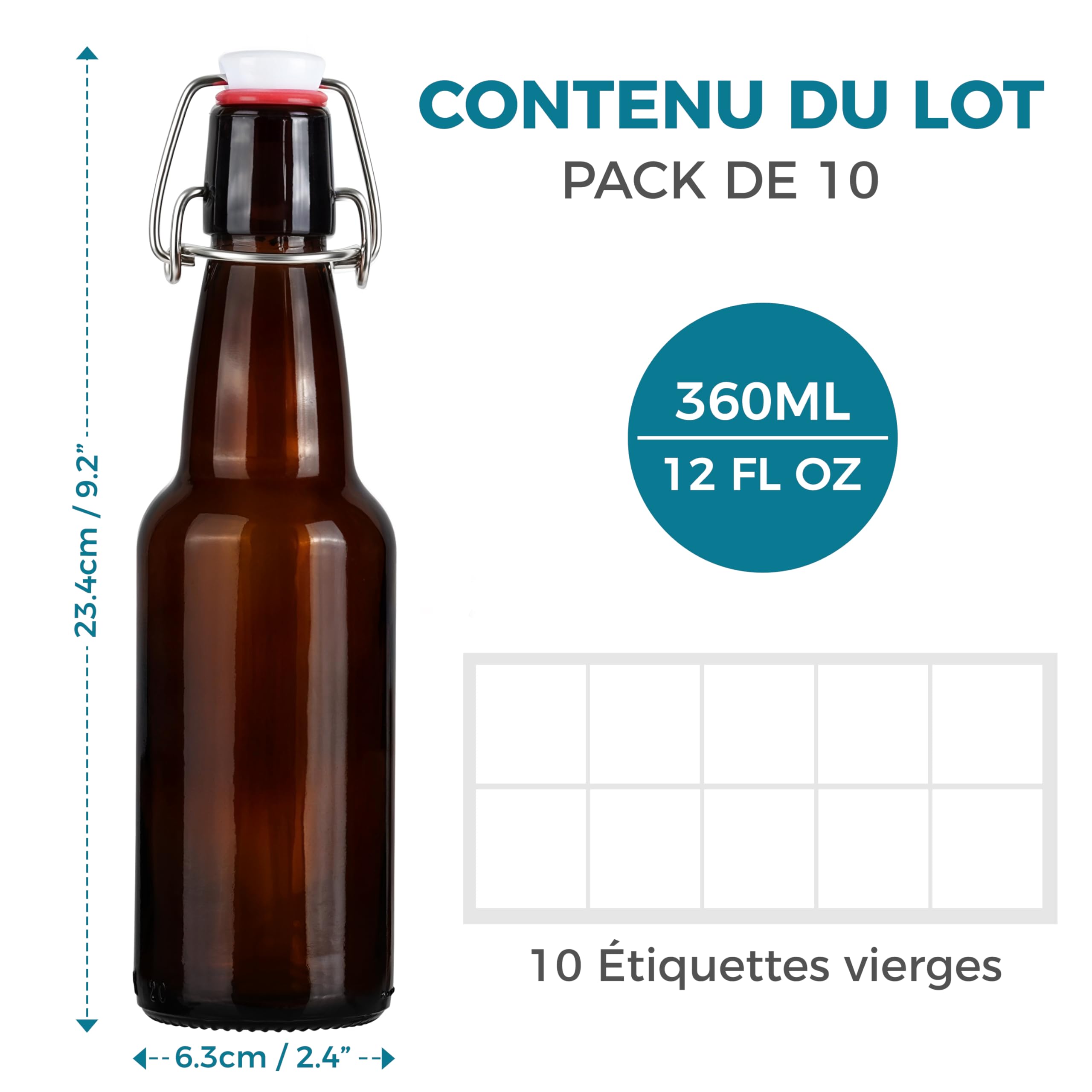 Winter Shore Petites Bouteilles en Verre Ambrées 360 ml (Lot de 10) | Bouteille Biere Vide avec Bouchon à Bascule & Étiquettes, Bouteilles Kombucha & Soda