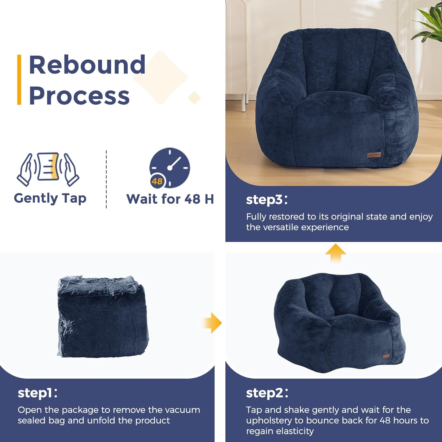 MAXYOYO Bean Bag Chair, Comfy Bean Bag Sofa with Back Support, Faux Fur Bean Bag Chair for Adults and Kids, Stuffed Floor Sofa for Living Room, Bedroom, Apartment, Navy