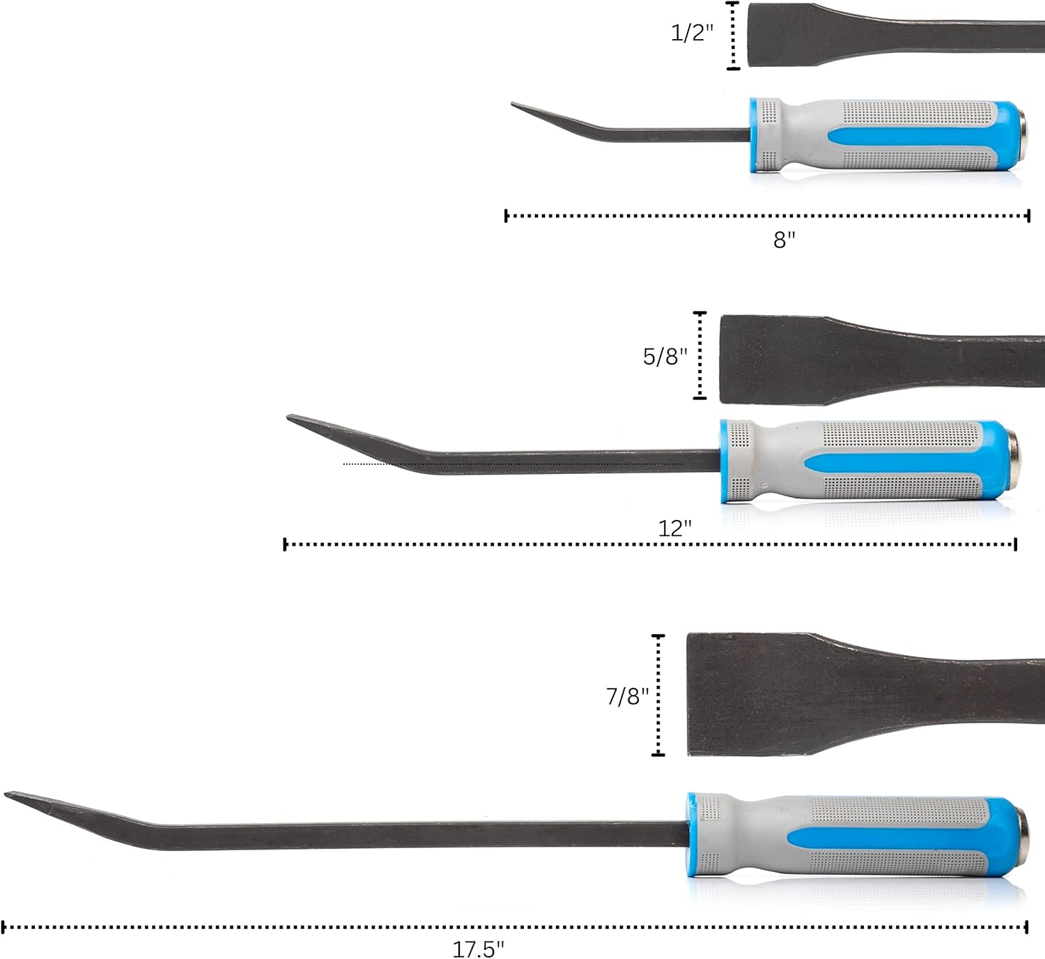 NEIKO 00251A Pry Bar, 3 Piece Angled Tip Pry Bar Set, 8", 12" & 17.5" Crow Bar with Go Through Striking Cap, Textured TPR Breaker Bar Handles, Heavy Duty Black Oxide Coated Chromium Steel Small PryBar