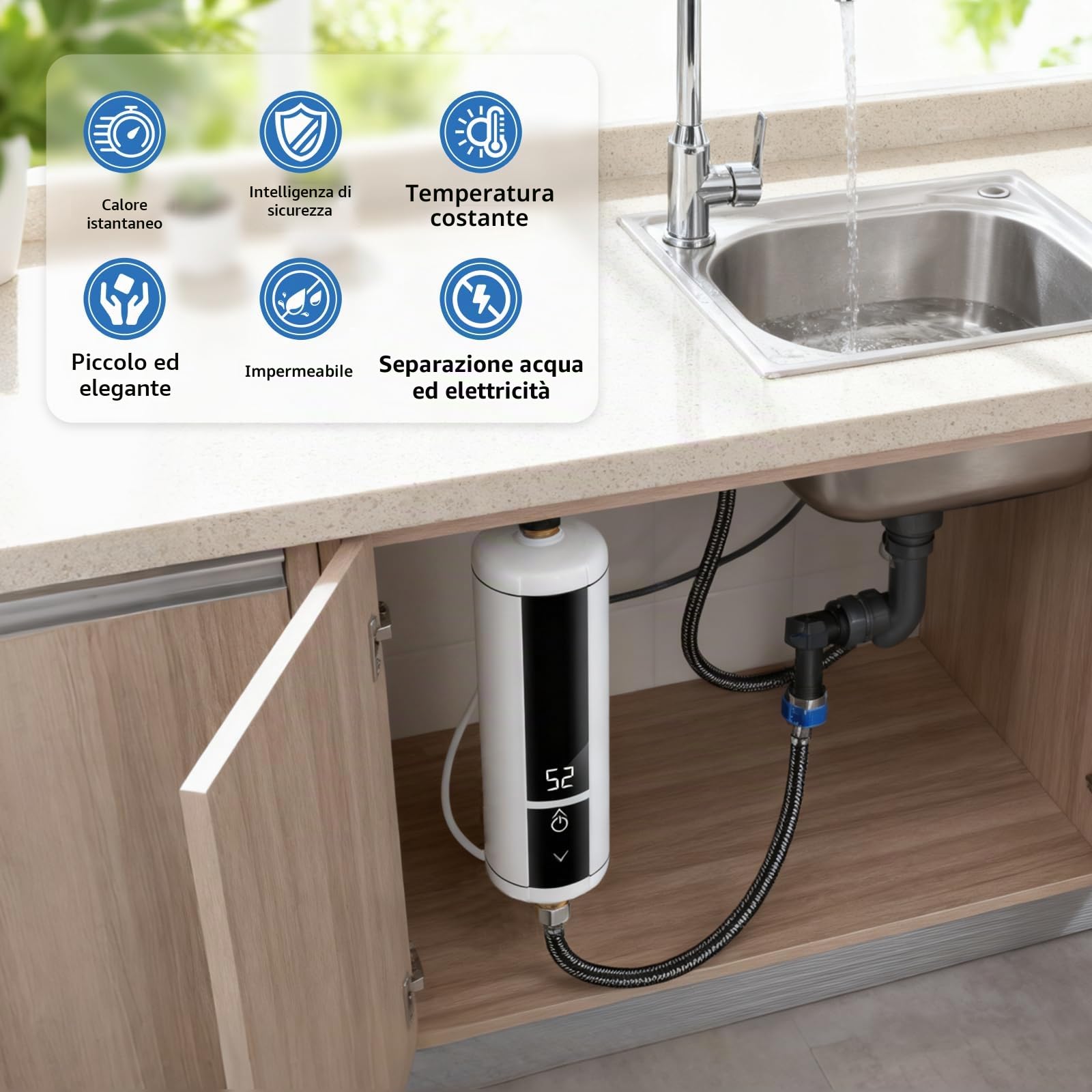 Mini scaldabagno istantaneo da 220 V 3500 W con indicatore di temperatura, scaldabagno compatto per l'uso sotto il lavandino, in cucina o in bagno con indicatore di temperatura (bianco)