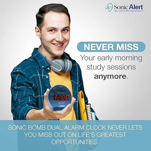 Miniatura 8 de Sonic Alert Sonic Bomb - Reloj despertador dual con agitador de cama, despertador vibratorio turquesa para dormir pesado, batería de reserva