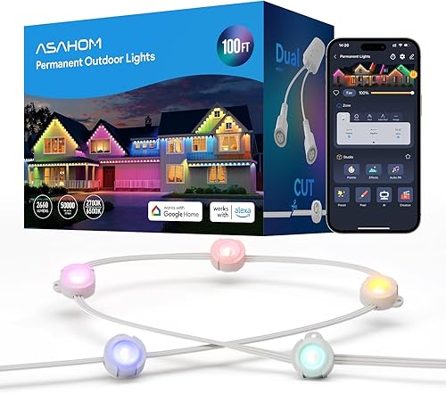 Miniatura 1 de ASAHOM Luces permanentes AI S107B, 100 pies con 72 luces LED RGBCW y doble salida, combinación de 30,000 efectos de iluminación, impermeable IP67