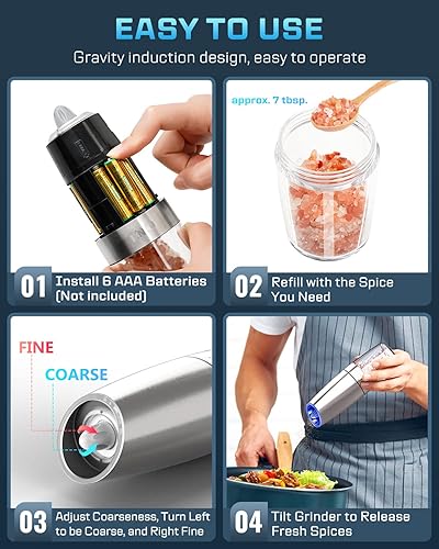 Miniatura 6 de Gravity - Juego de molinillo eléctrico de sal y pimienta, molinillo automático, funciona con pilas con grosor ajustable, acero inoxidable de alta