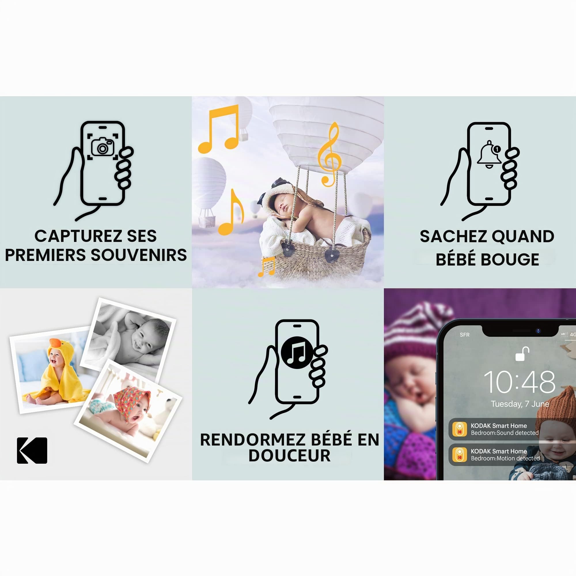 Kodak Cherish C525P Moniteur vidéo Intelligent pour bébé, vidéo de qualité pour des vérifications Rapides et en Toute Confiance, Longue durée de Vie de la Batterie Pendant la Nuit et Les Siestes