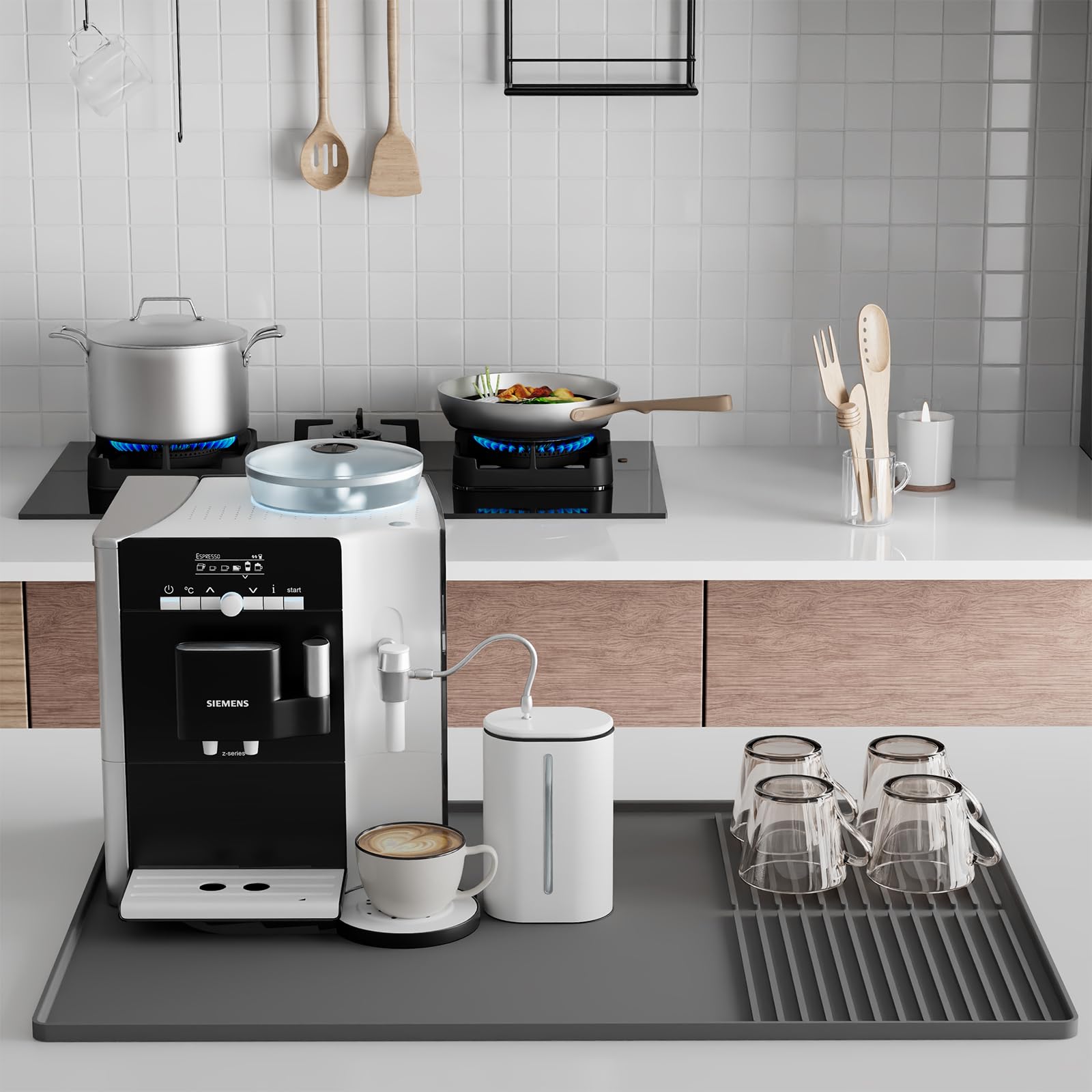 WUDIALIEN Silicone Coffee Mat with Raised Edges, 24'' x 16'' Bar Mat for Countertops, Fits Under Coffee Maker, Espresso Machine, Dish Drying Mat, Gray