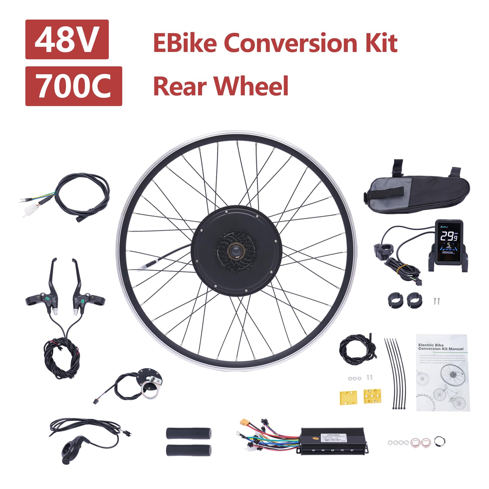 28" & 29" E-Bike Umbausatz 1000 Watt Fahrrad Motor Kit Elektro Hinterrads Brushless Nabenmotor Kits Electric Bike Conversion Kit mit LCD Display (für HL Plus 48V 13Ah Akku)