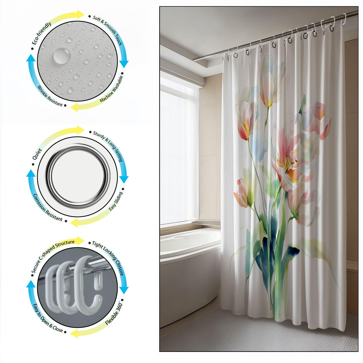 Generisch Zasłona prysznicowa 200 x 200 cm, zestaw 1 szt., mikrofibra, wodoszczelna i odporna na pleśń, nadaje się do prania, do łazienki i wanny, z oczkami i haczykami, biała, akwarela, delikatne