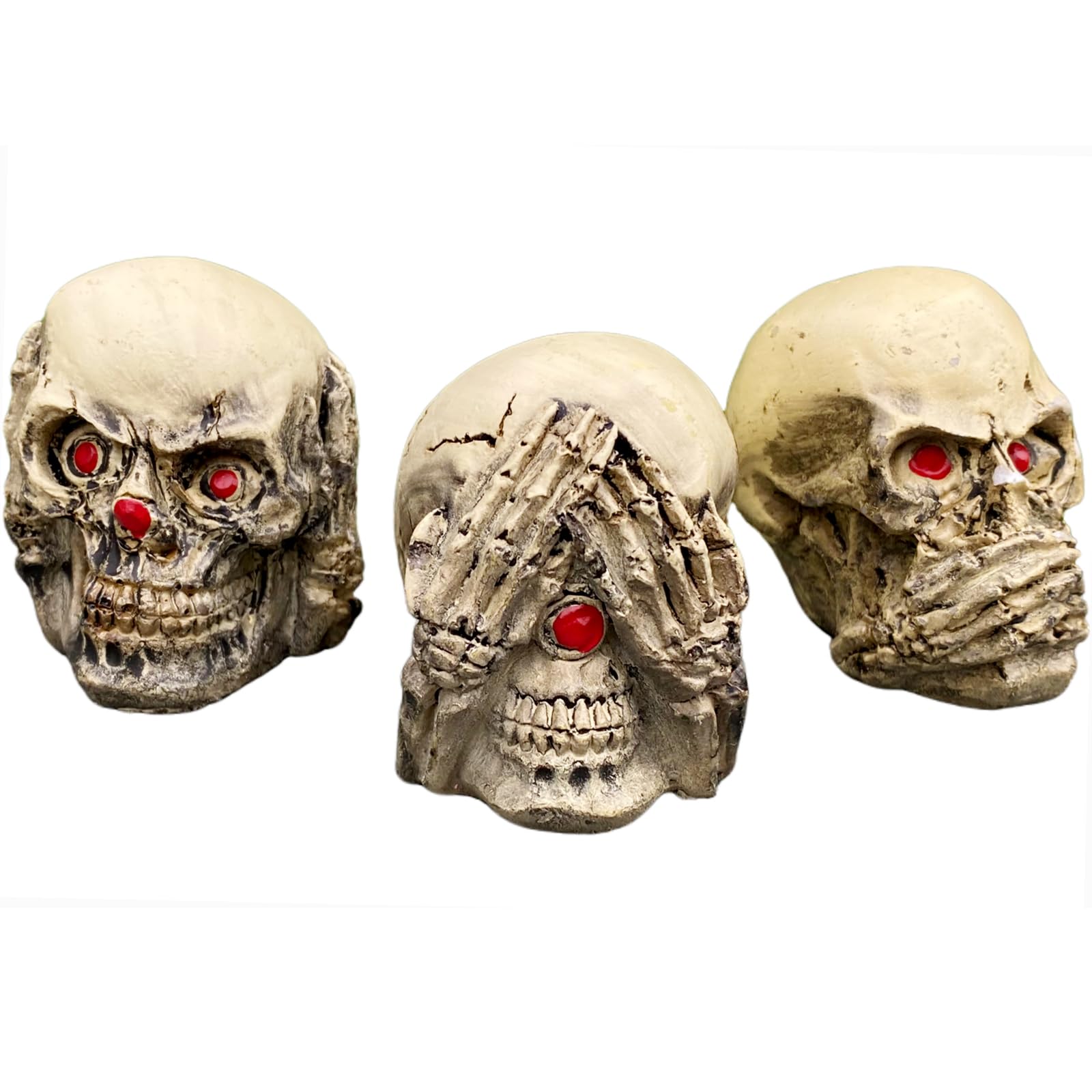 3 Wise Skulls Figurine Set - Hear No, See No, Speak No Evil - Anatomically Correct Gothic Decor, Halloween Table Centerpiece, and Macabre Collectible