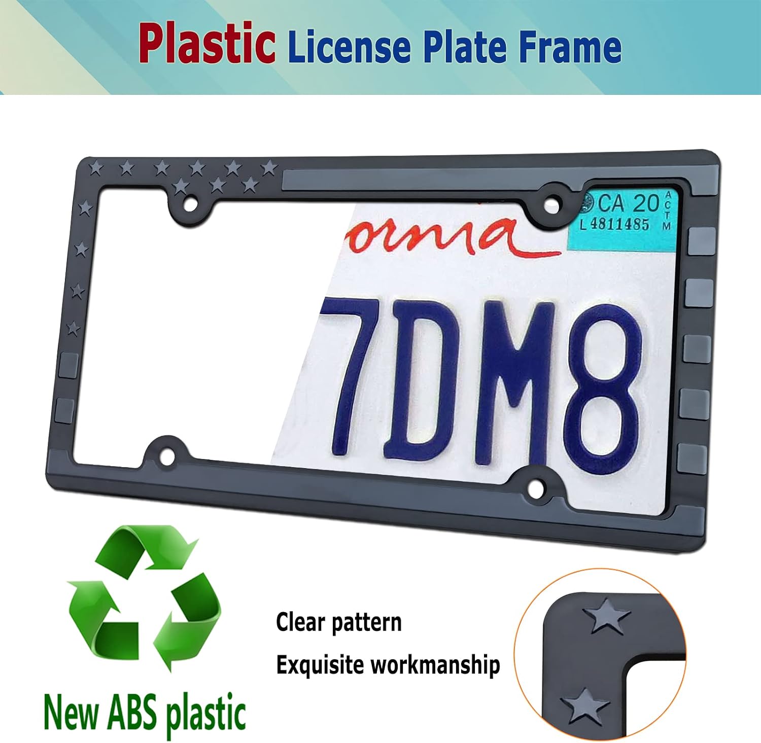 BGGTMO American Flag License Plate Frames- Patriotic USA Stars and Stripes Plastic Car Tag Holder Cover (Gloss on Matte Black) with Screws image 2