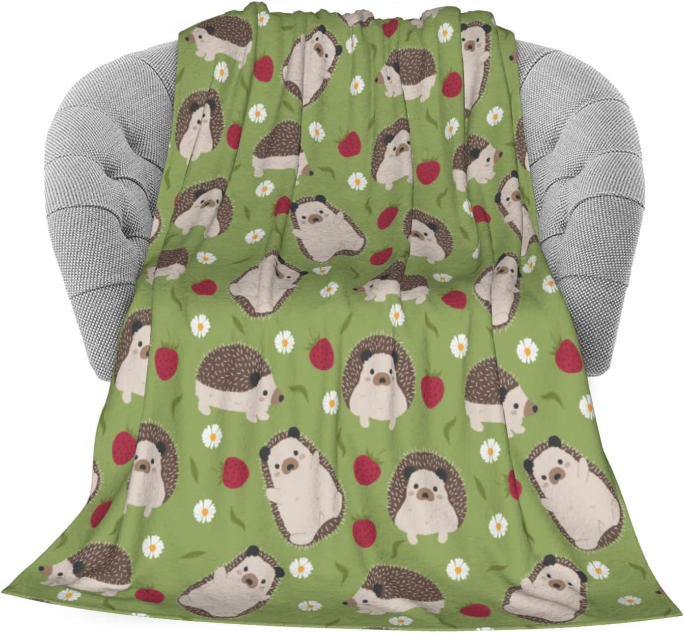 PrelerDIY Hedgehog Strawberry Green Throw Blanket for Couch - 60"X50" Fleece Blanket Super Soft Flannel Blanket for Kids