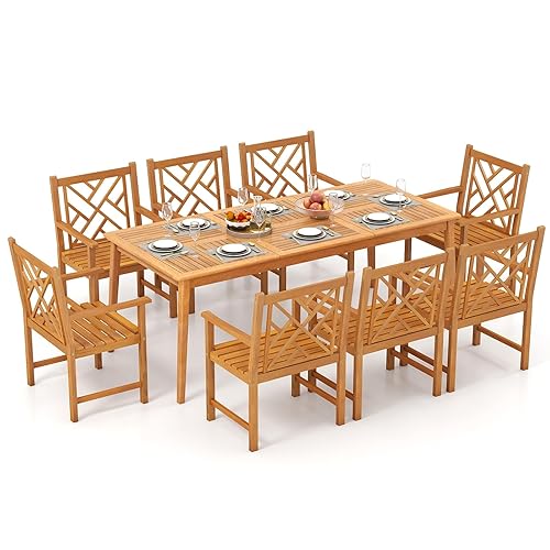9 Pieces Patio Dining Table Set, Wood Rectangular Dining Table