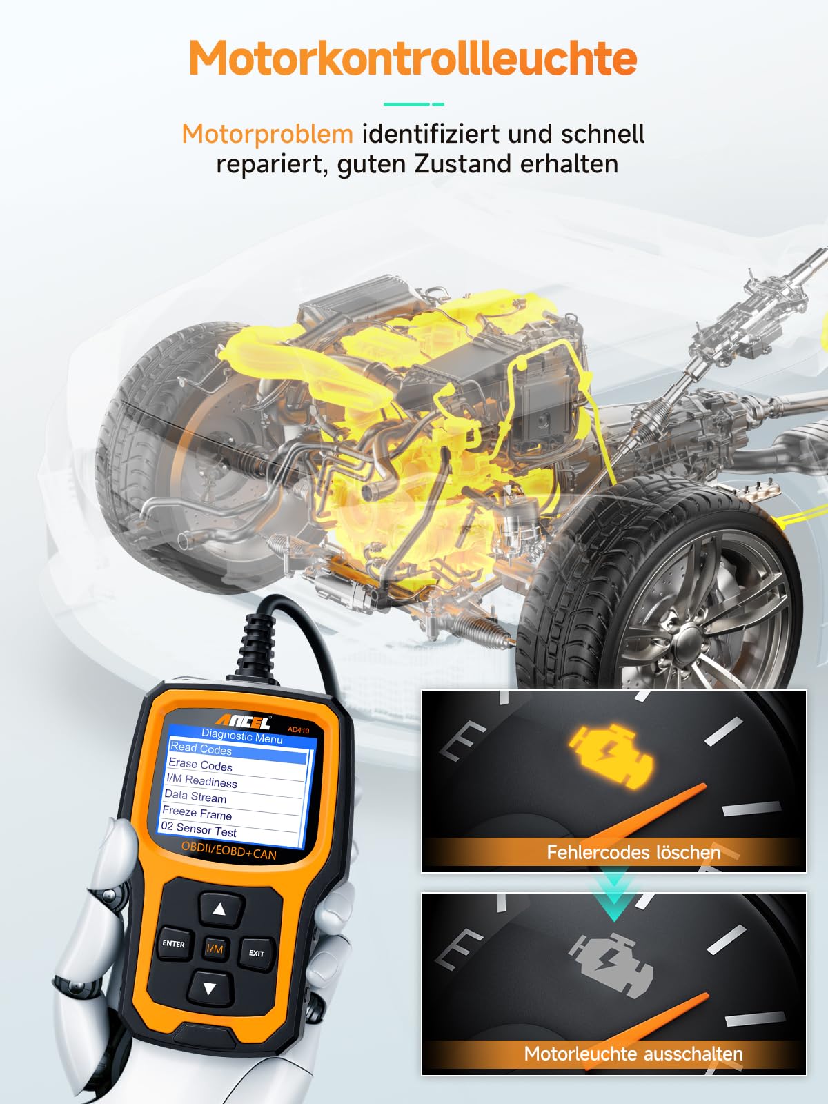 ANCEL AD410 Enhanced Auto OBD2 Diagnosegerät, OBDII/EOBD Diagnose Fehlerspeicher Auslesen, 8 Sprachen DTC KFZ Diagnosegerät für nach 2002 Alle Fahrzeuge (Schwarz/Gelb)