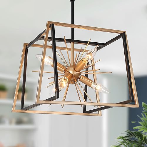 Durent Lighting Candelabro de comedor, lámpara de araña de oro negro con 6 luces, lámpara colgante grande de 35 pulgadas para entrada, cocina, sala