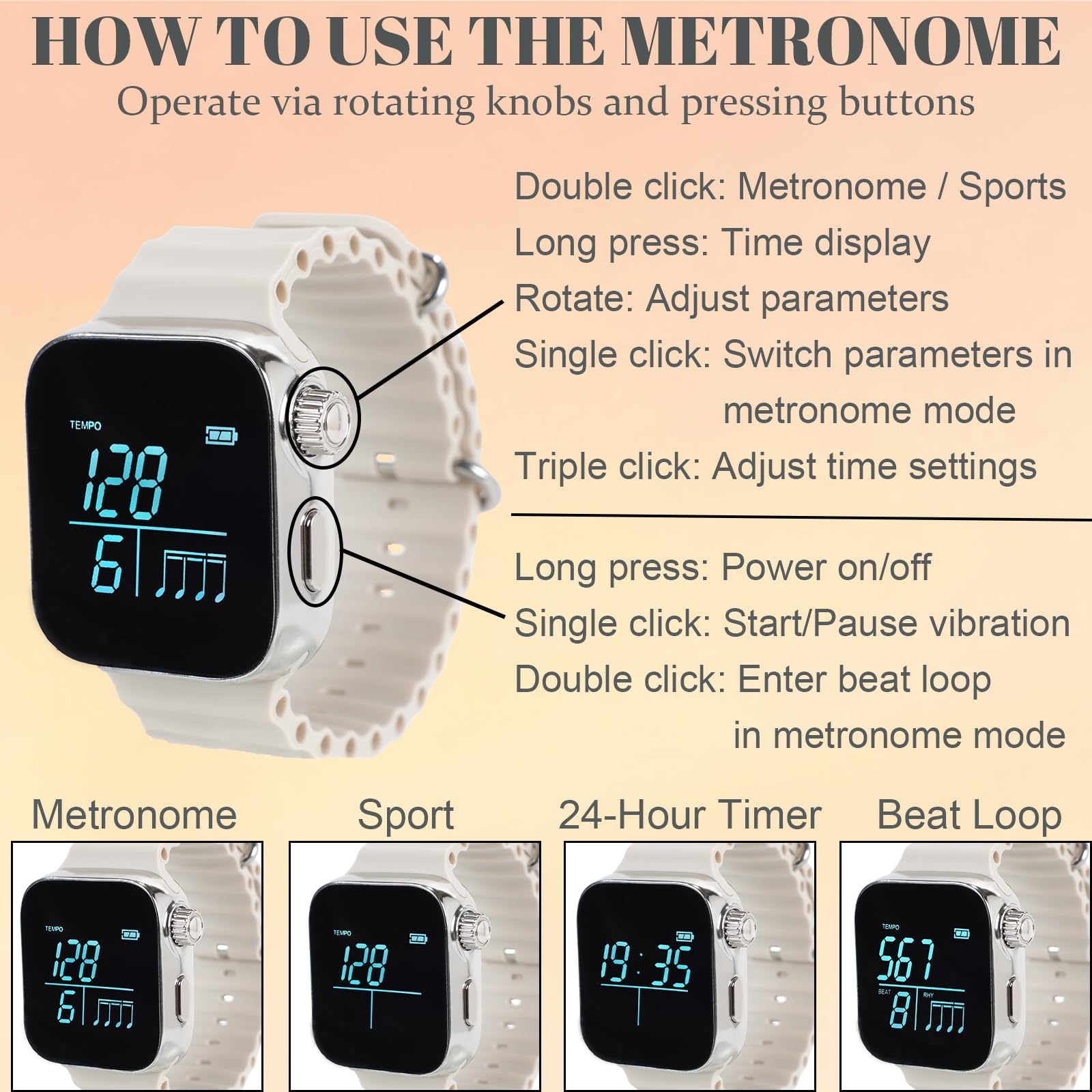 AKLOT Reloj de metrónomo vibrador, metrónomos de pulso ajustables por aplicación (instrumento/deportes/tiempo de 24 horas), metrónomo de muñeca para práctica de batería/guitarra, ritmo de vibración