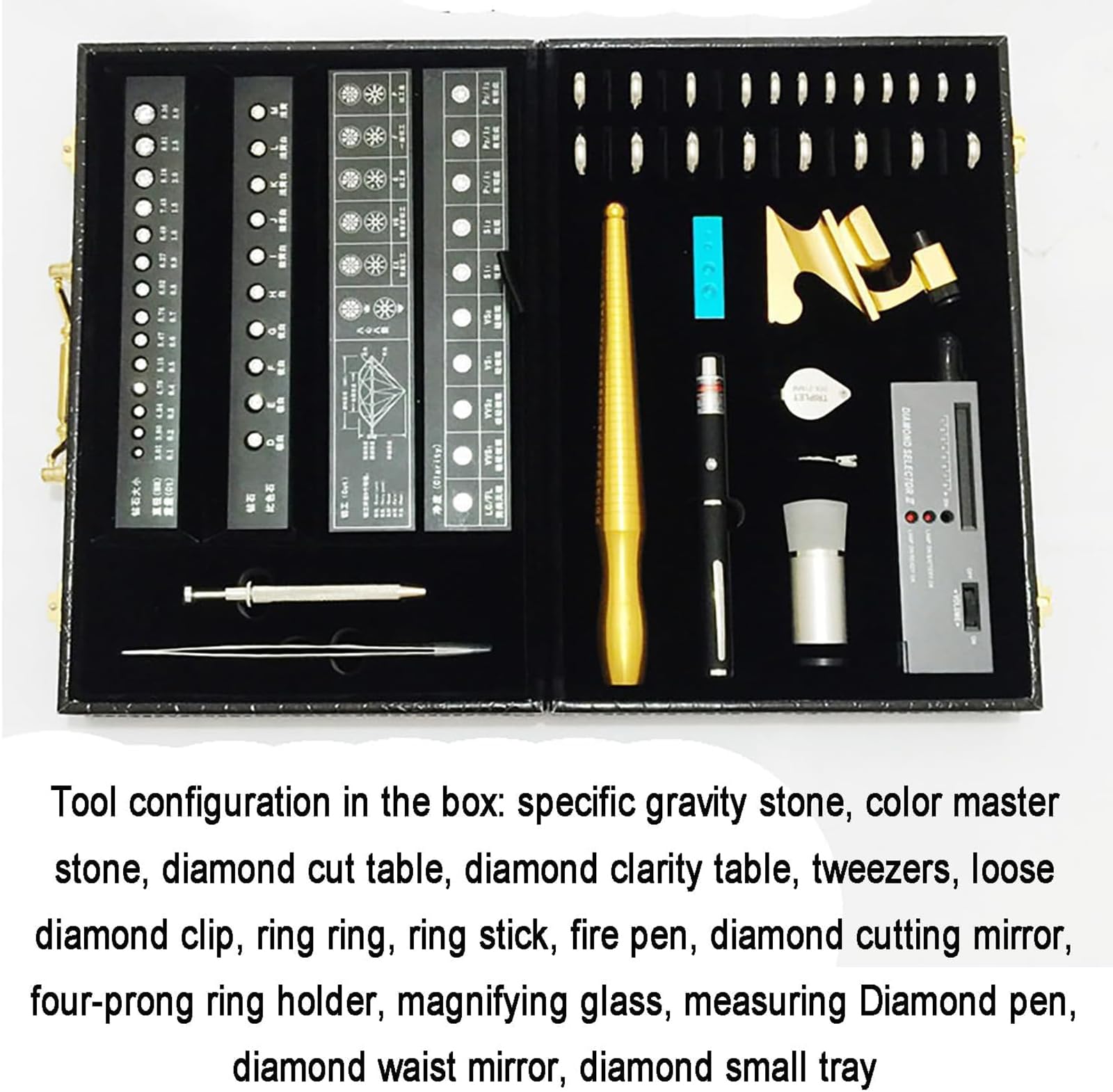 Boîte de test de bijoux, kit d'outils complet avec stylo testeur de diamant, pierre de gravité spécifique, tableau de clarté du diamant, boîte de test de bijoux, haute sensibilité, pour débutants et