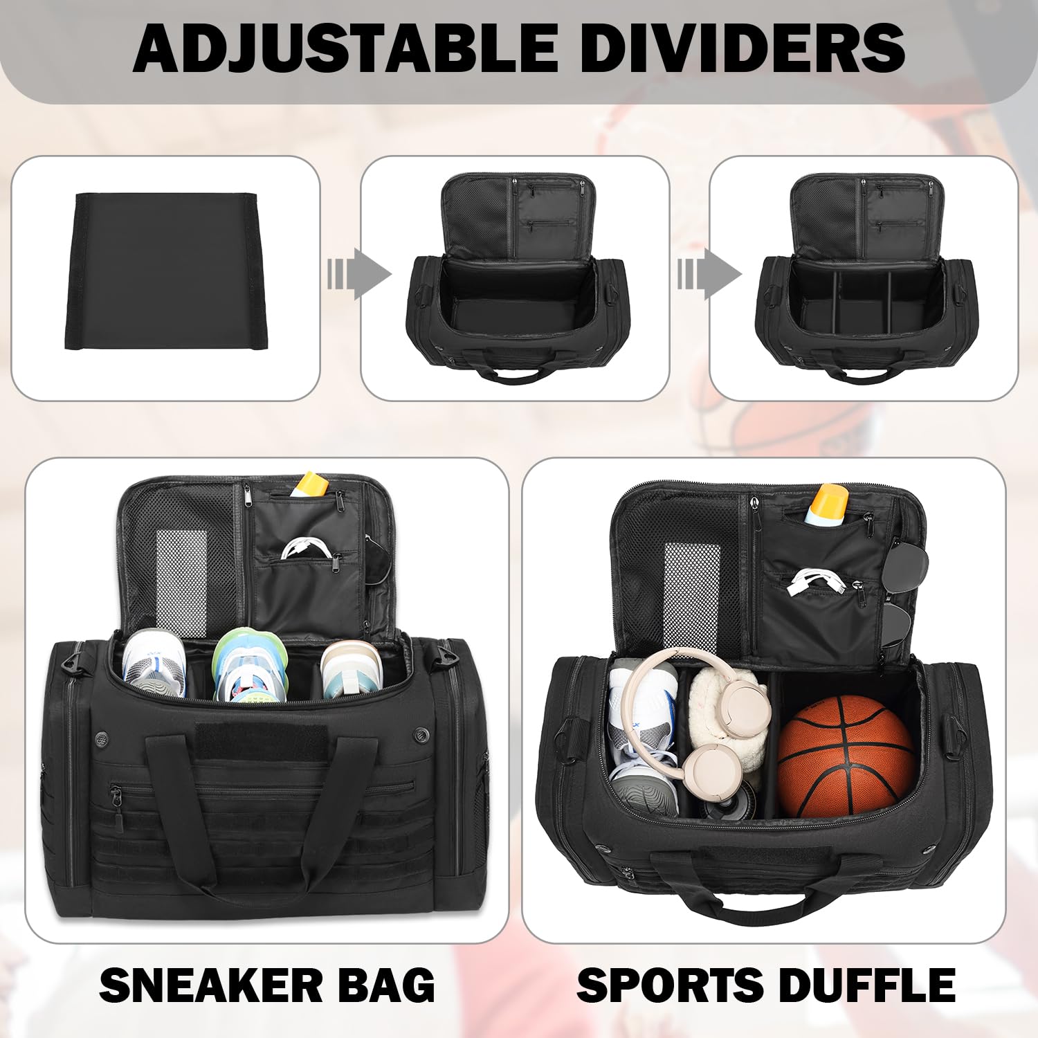 Torba sportowa męska 45L z 2 przegrodami, torba podróżna taktyczna, sportowa torba duffle do siłowni, fitness, weekendu, sauny, czarny, 56 x 23 x 33 cm