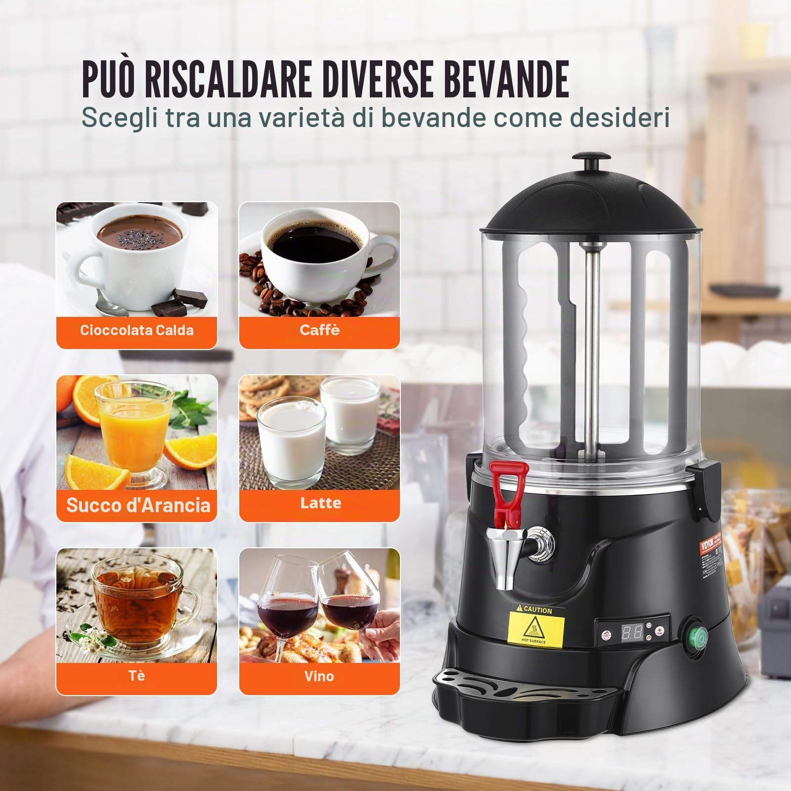 VEVOR Distributore di Cioccolata Calda 10 L Macchina per Cioccolata Calda con Intervallo di Temperatura Regolabile 30 ℃ a 90 ℃ con Serbatoio ABS di Alta Qualità con Distributore, per Bevande Calde