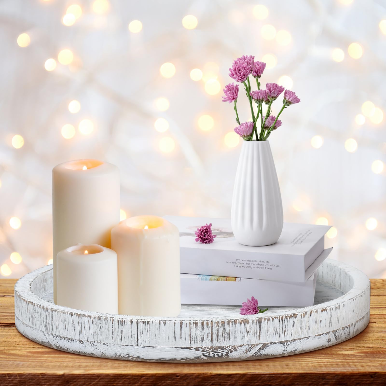 Foribyw Old White Wood Serving Tray, 30Cm Vintage Round Serving Platter, Decorative Centerpiece Candle Holder Tray For Table Bathroom Decor 35X35x2cm(Old White)