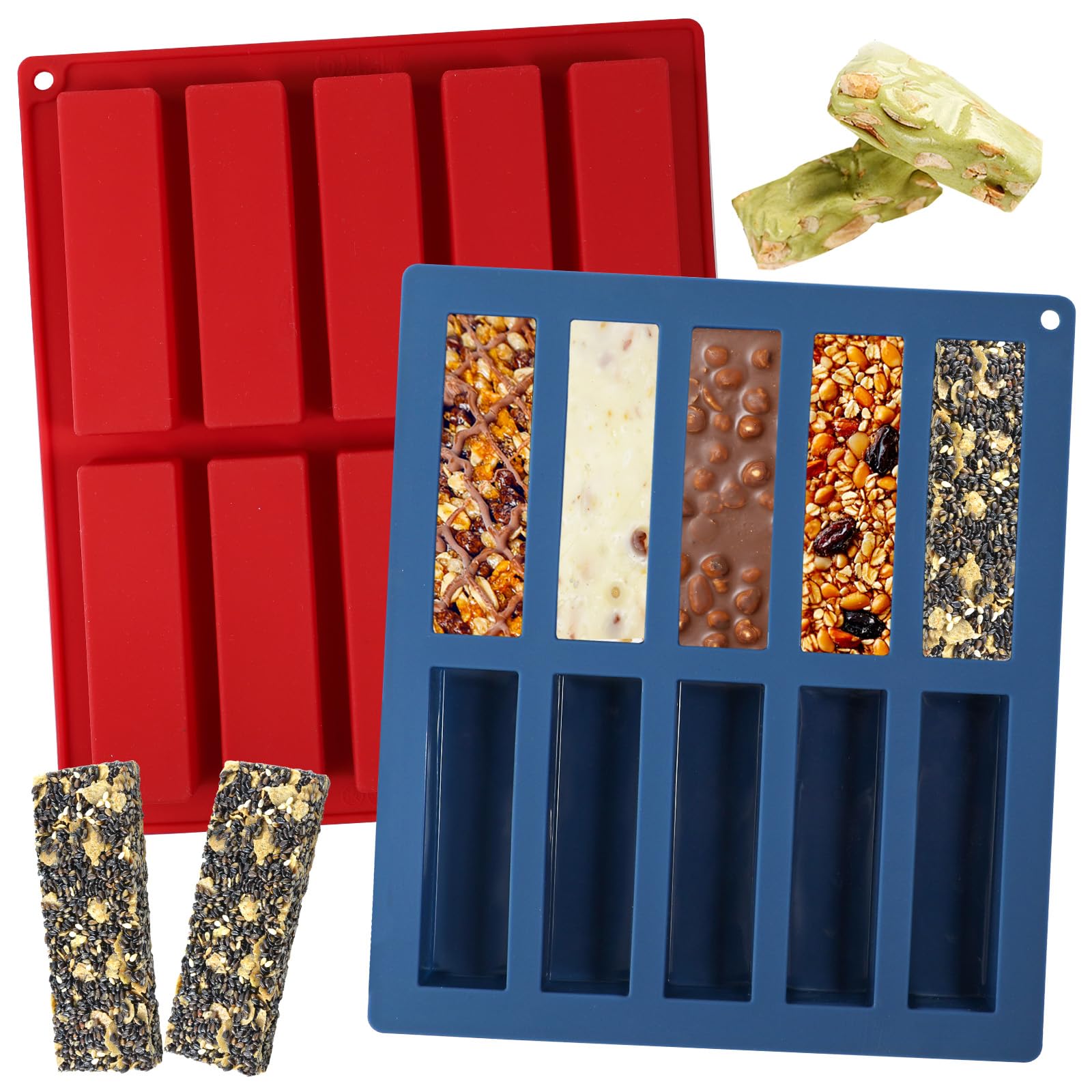 Webake 50g Small Granola Bars Mould 10 Cavity, 2Pcs Mini Chocolate Bar Moulds Silicone Rectangle Energy Cereal Bar Mould for Baking