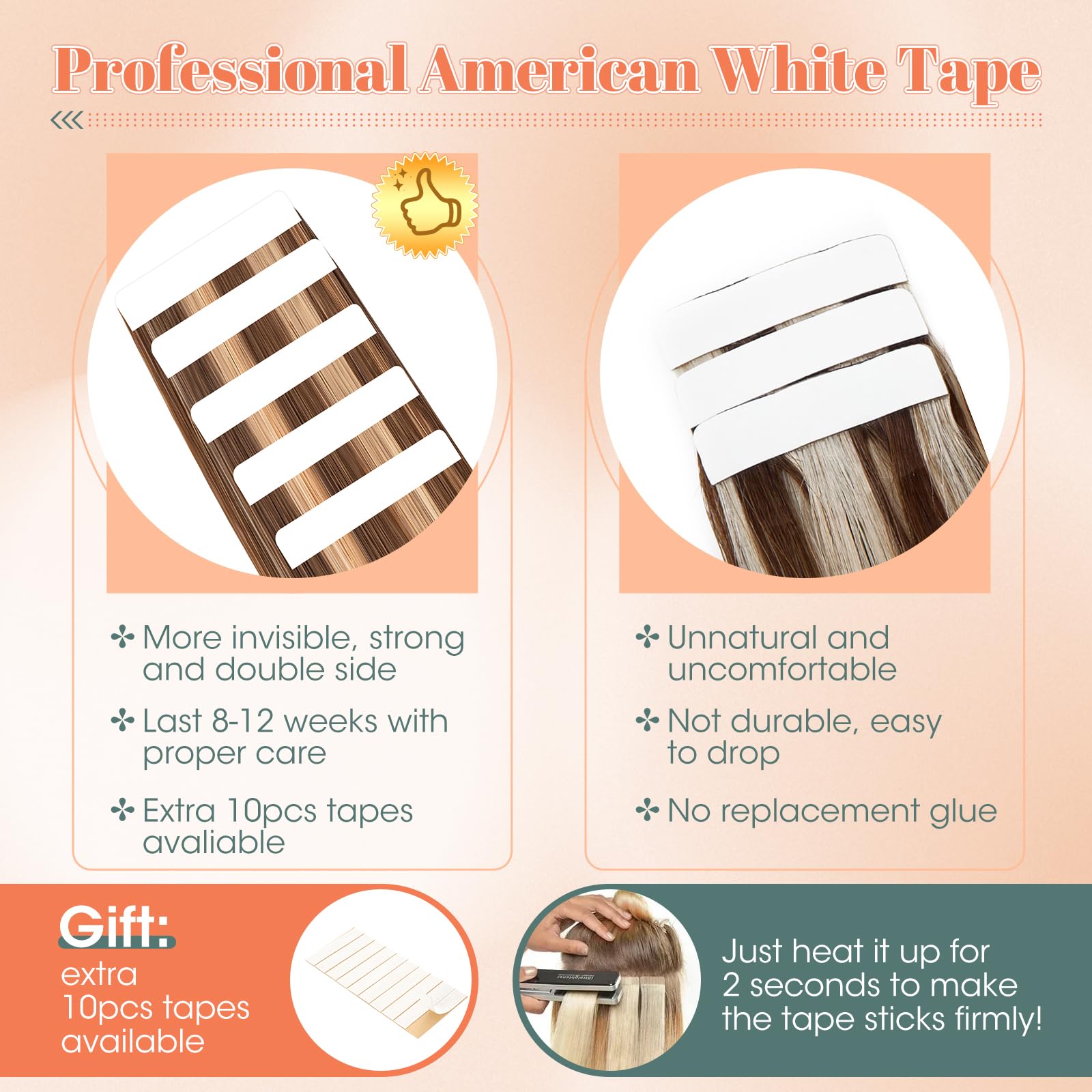 Benehair Tape in Hair Extensions Human Hair Invisible Straight Real Weft Remy #4P27 Medium Brown Mix Dark Blonde Hair Extensions Tape in 10 Inches (10 g) - Image 4