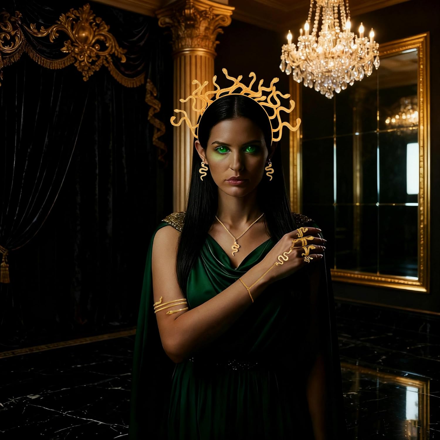 Mujahid 9 Pcs Medusa Costumes Accessories Set for Women - Gold Snake Jewelry Headpiece Bracelet Necklace Earrings Rings Leg for Cosplay Party Dress-Up Parties Carnival Funfair - Image 2