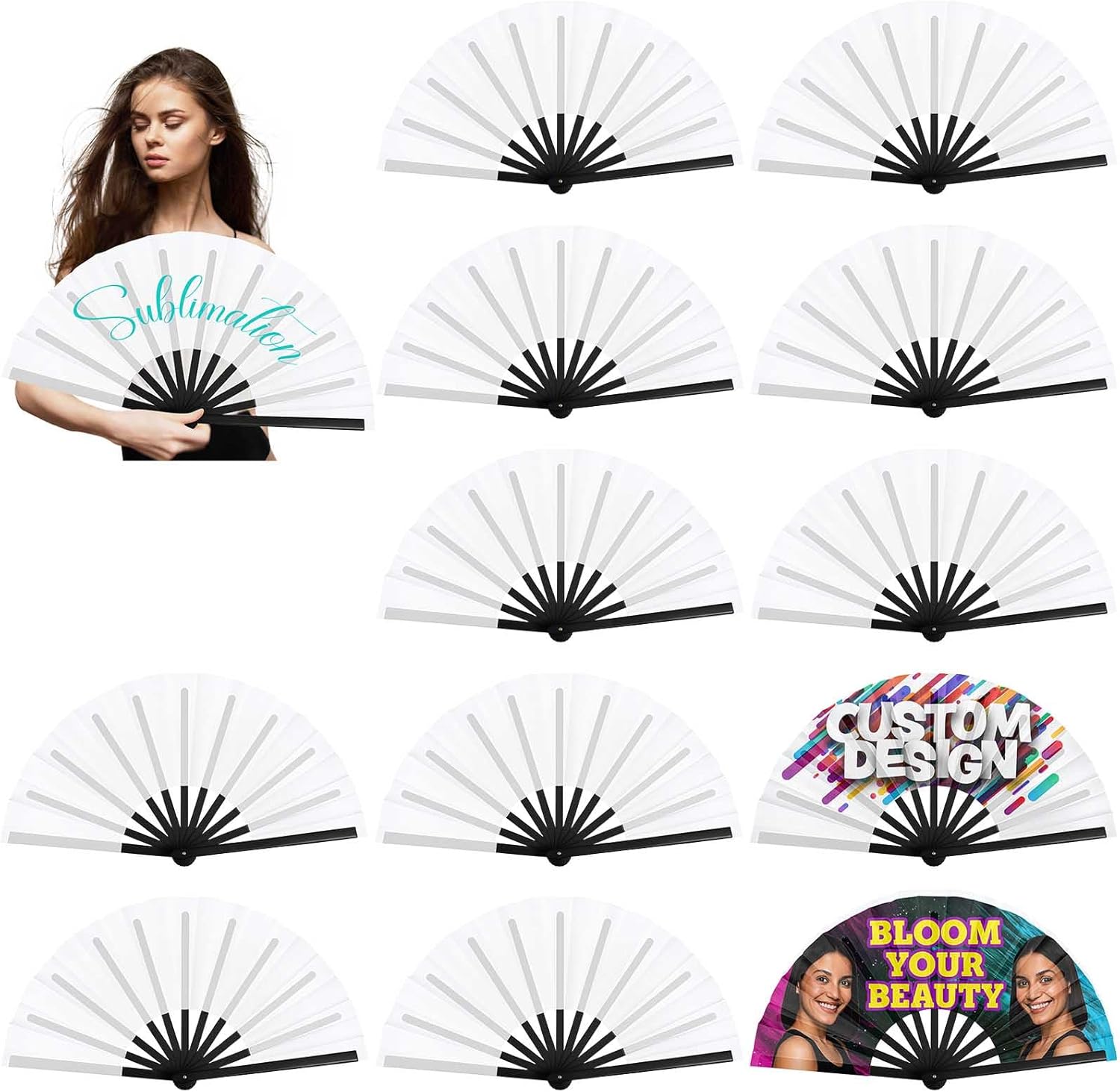 Jetec 12 Pieces Sublimation Blank Fans for Line Dancing Boots on The Ground 13" White Heat Thermal Transfer Clack Clapping Rave Hand Fans Bulk for Dance Women Dance Church Party Wedding (Black Bone) 12 Black Bone