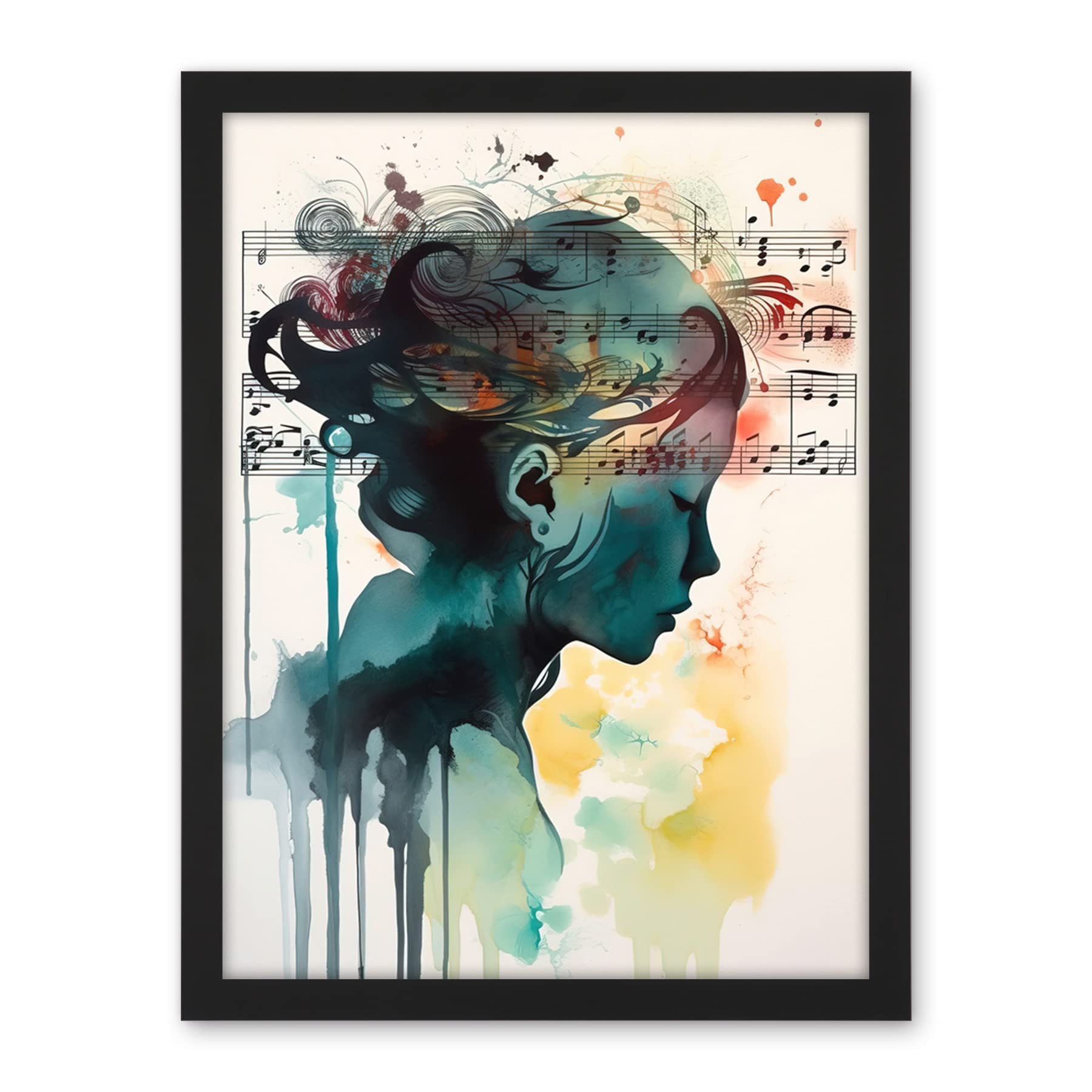 Artery8 Music on my Mind Singing in my Head Modern Portrait Watercolour Illustration Artwork Framed Wall Art Print 18X24 Inch