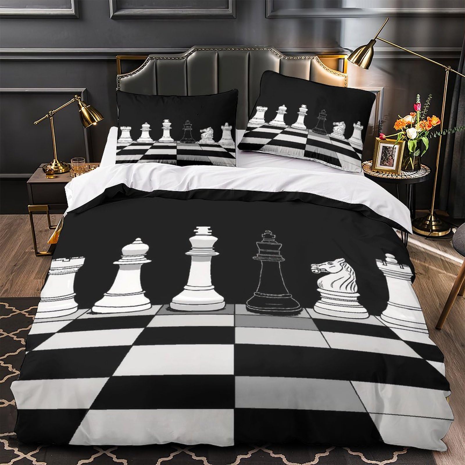 Housse de couette échecs noir et blanc pour chambre d'enfant et ado